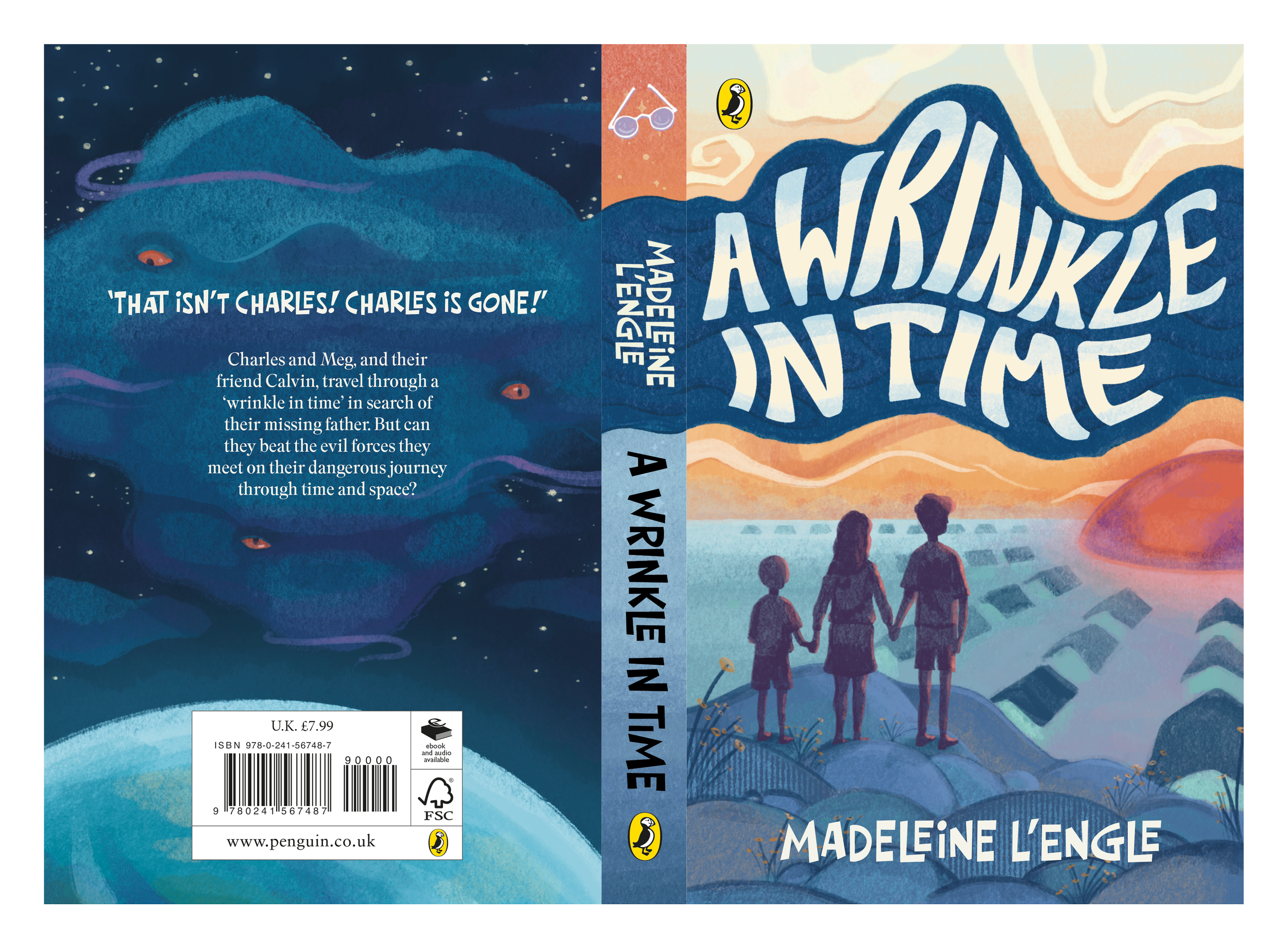 The book cover titled 'A Winkle in Time' by Madeleine L'Engle. The front illustration shows three figures (a girl, a woman, and a boy) holding hands on a hillside, overlooking a landscape with the sun setting or rising. The back cover features a starry night sky with clouds and a poetic blurb about the story.