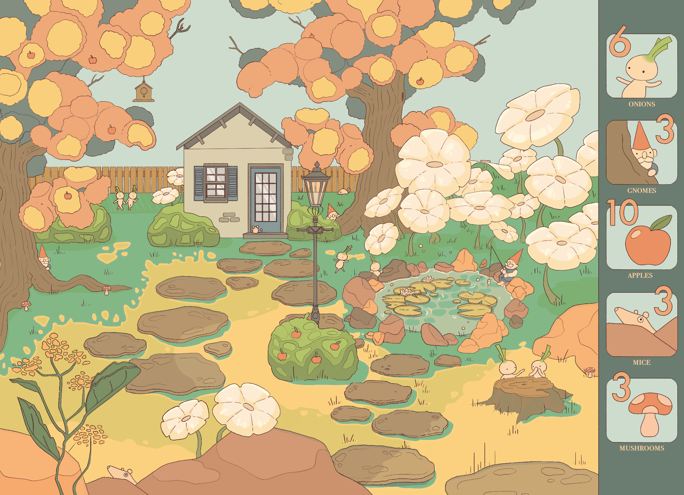 A whimsical illustration of a garden scene with a small house, large trees with orange and yellow foliage, a winding path, a pond with lily pads, and various garden creatures. On the right, a panel shows identification for objects: 6 onions, 3 gnomes, 10 apples, 3 mice, and 3 mushrooms.