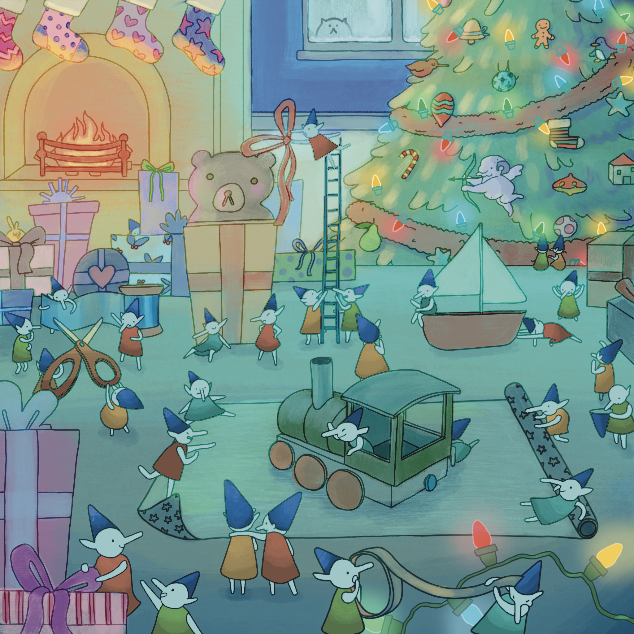 Colorful holiday scene with animated mice decorating a Christmas tree, wrapping presents, and engaging in festive activities in a cozy room with a fireplace, Christmas stockings, and a window with a cute animal face outside.