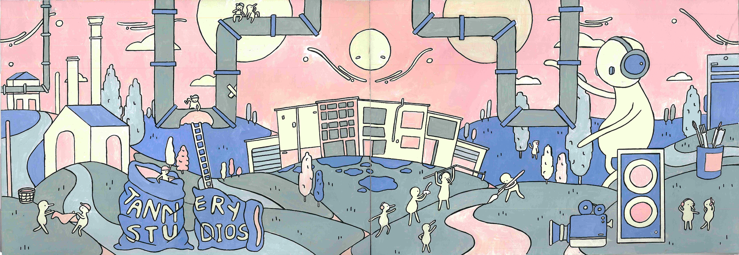 A colorful, whimsical illustration celebrating a studio's anniversary, featuring various cartoon characters, buildings, trees, and artistic elements. There is a large snail with headphones, a camera, and a banner' The background includes a pastel pink sky with clouds and sun, and the scene depicts playful activities like dancing and climbing.