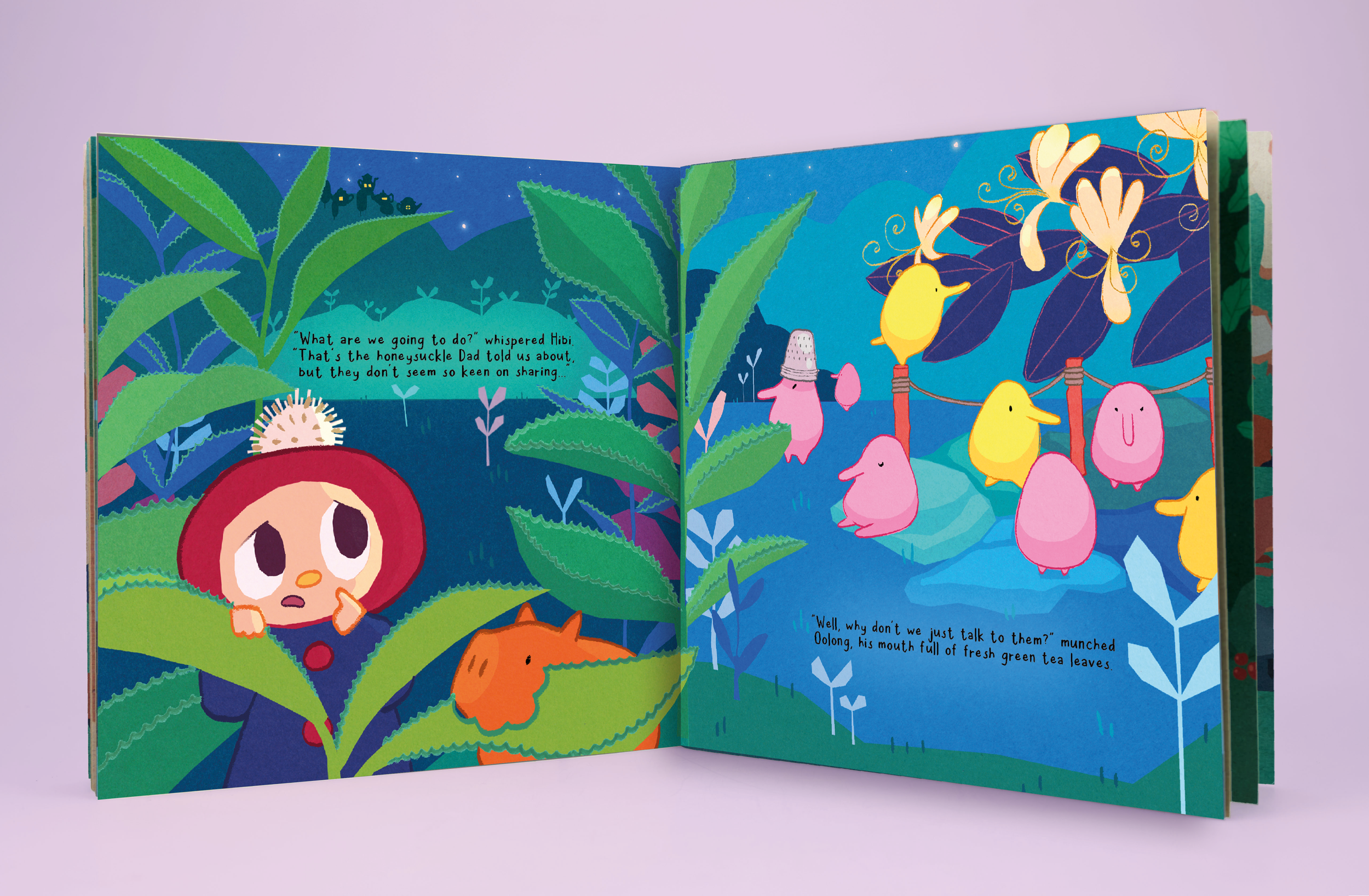 An illustrated children’s book showing a girl with big eyes and a red hood, a small orange pig, and a group of colorful yellow and pink creatures with beaks near a pond at night, with lush green plants around.