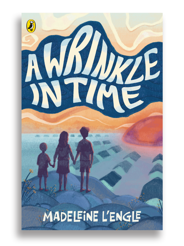 Cover of a book titled "A War in Kind in Time" by Madeleine L'Engle, featuring a family holding hands on a rocky hill overlooking a landscape at sunset with hills and fields in the background.