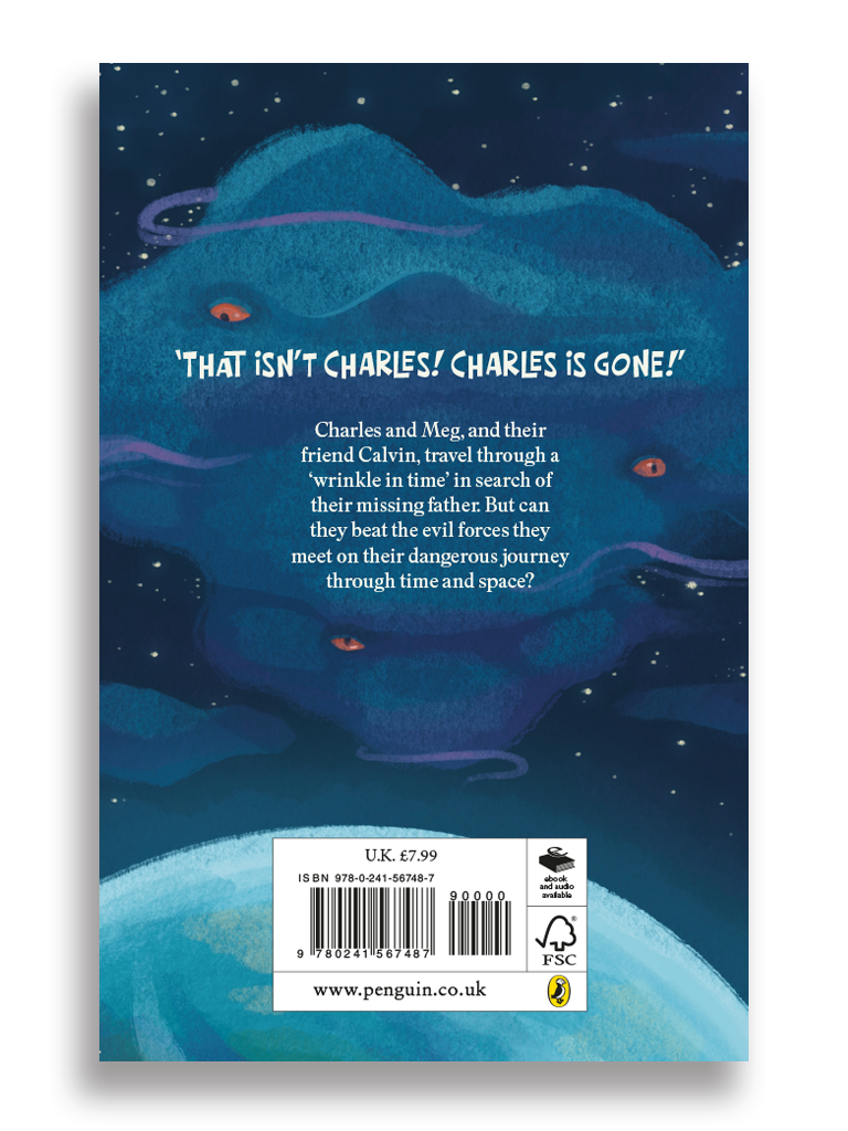 Back cover of a book illustrated with a space scene, depicting a large, blue celestial creature with multiple eyes, floating in space with stars in the background, and a planet.