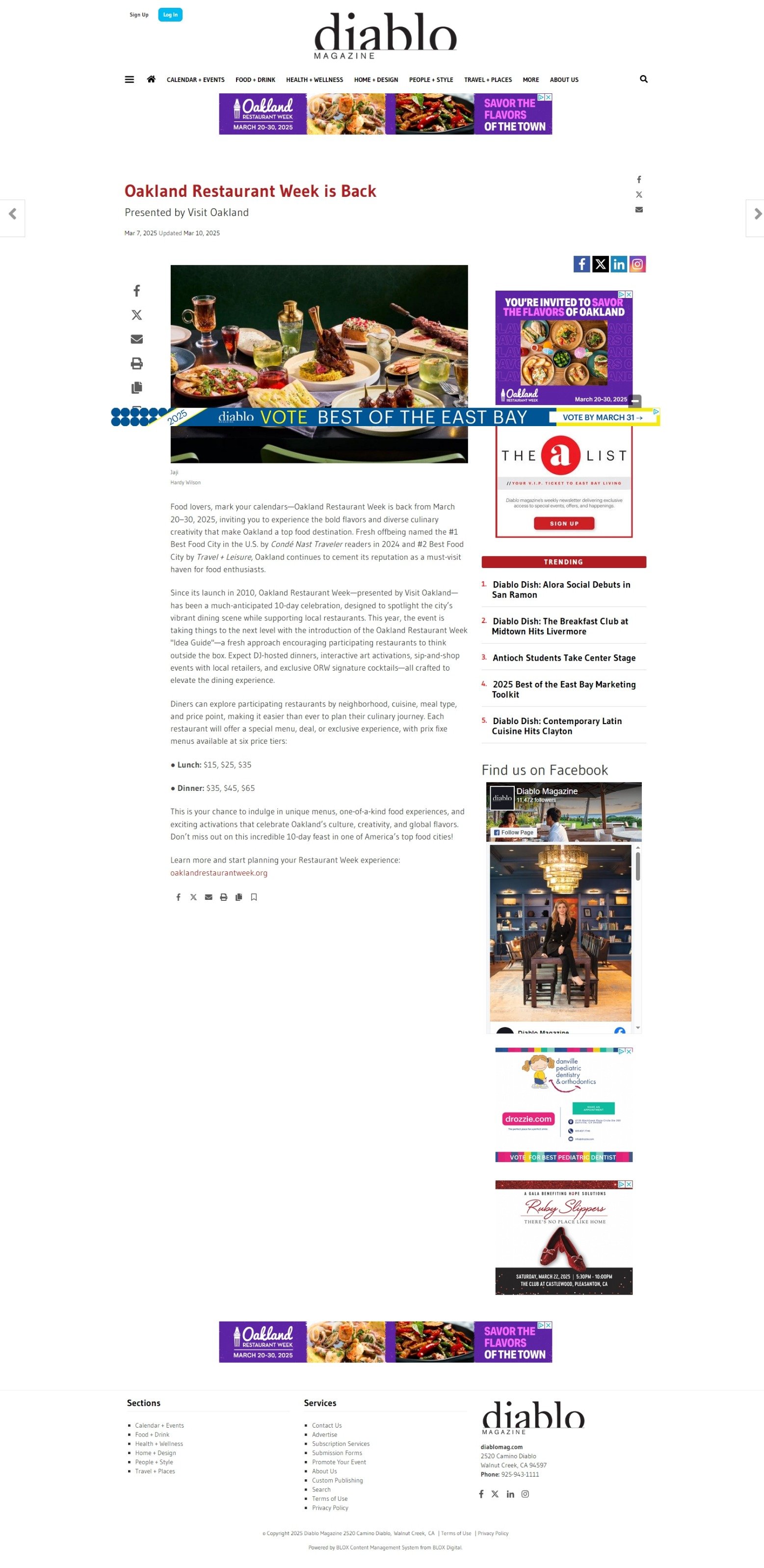 Diablo Magazine webpage about Oakland Restaurant Week with event details, dining photos, and advertisements.