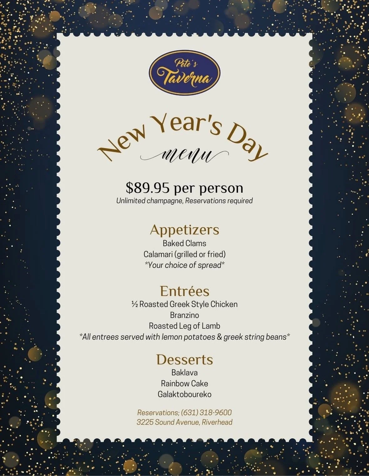 New Year's Day menu from Pete's Taverna, priced at $89.95 per person, featuring appetizers, entrees, and desserts, with a dark background decorated with gold confetti and a white central area for text.