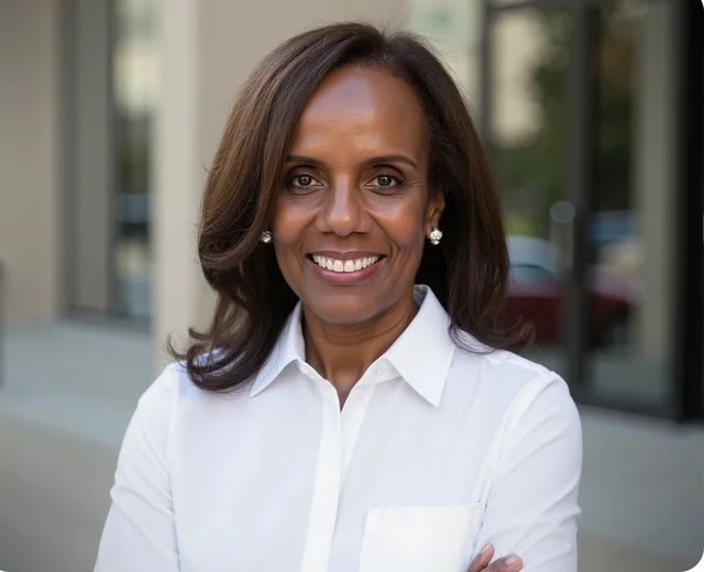 Professional woman smiling outdoors in front of a building, wearing a white shirt and pearl earrings.