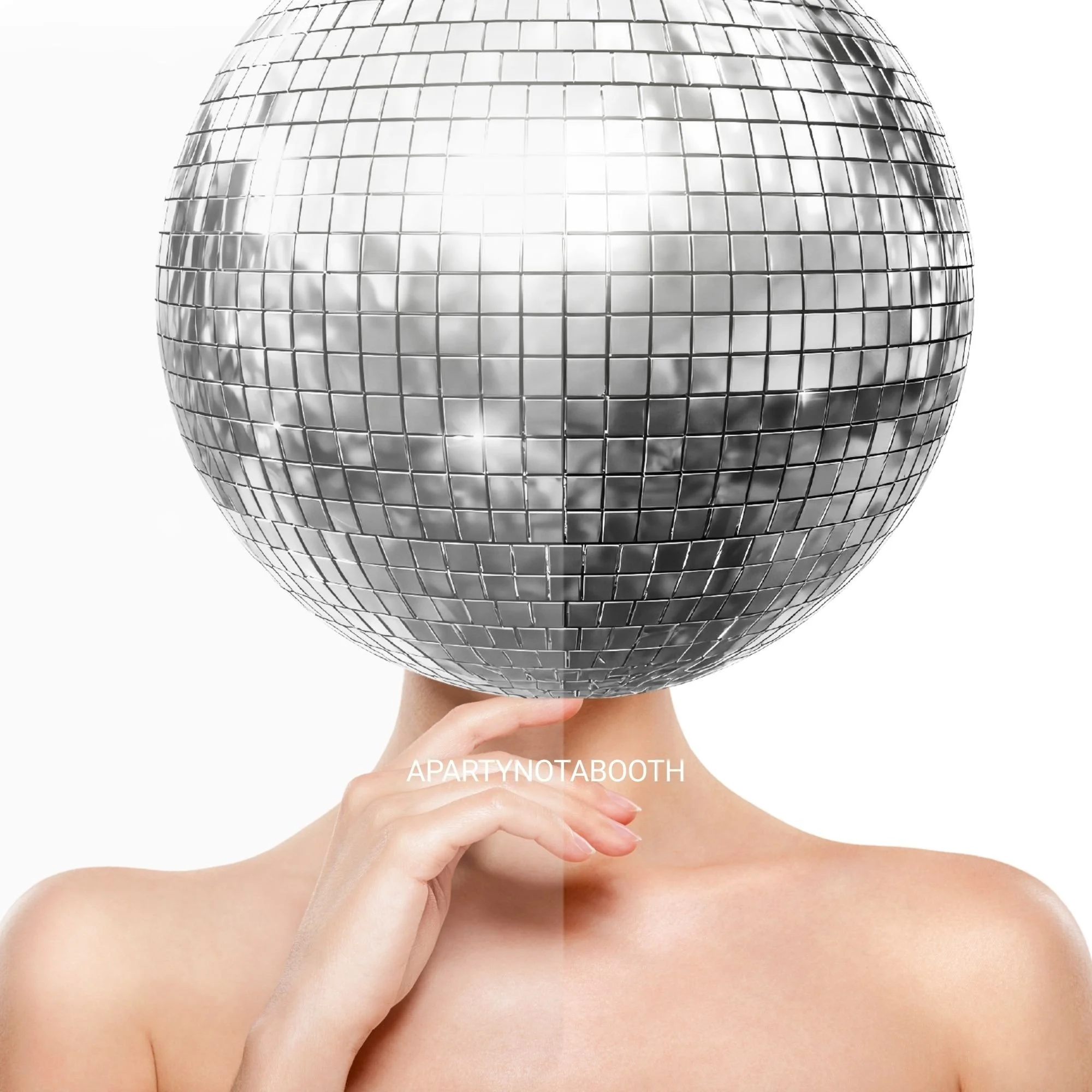 Person holding a disco ball in front of their face, with the reflection of clouds visible on the ball. The word 'APARTYNOTABOOTH' is written across the neck area.