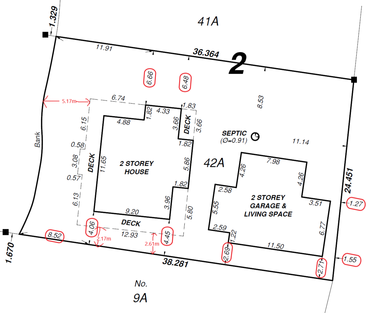 Northbound's review showing a Site plan with a structure and setback measurements, with red-circled areas indicating potential non-compliance with zoning development regulations.
