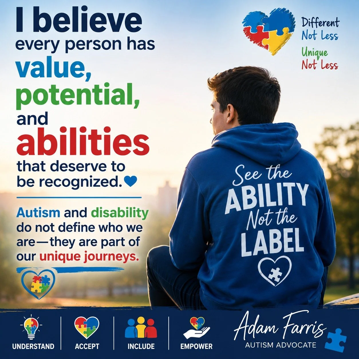 💙 I&rsquo;m Adam Farris&mdash;Autism Advocate, Disability Advocate &amp; Inspirational Speaker.

I believe every person has value, potential, and abilities that deserve to be recognized. Autism and disability do not define who we are&mdash;they are 