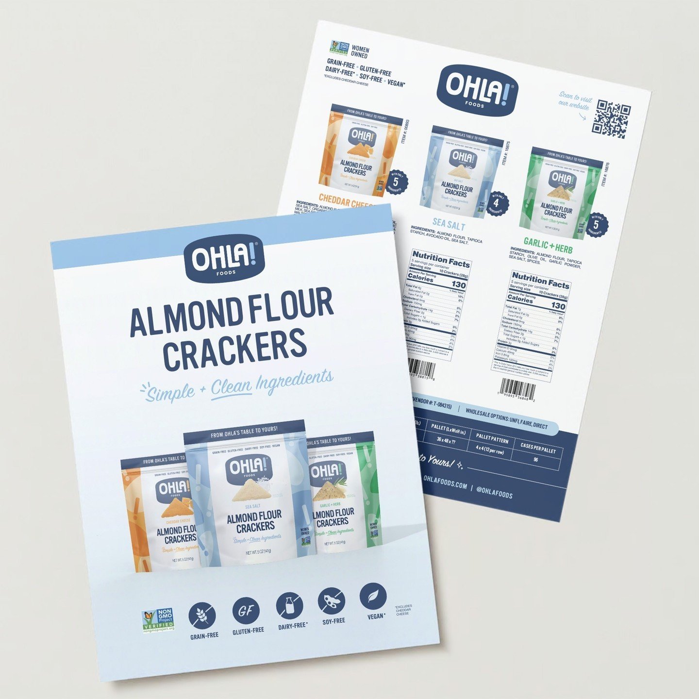 Getting ready to attend #ExpoWest this year? You're going to need a sell sheet!⁠
⁠
We created sell sheets for @ohlafoods range of products, from Almond Flour Crackers to Tortillas, that cohesively and clearly communicate each product offering, and al