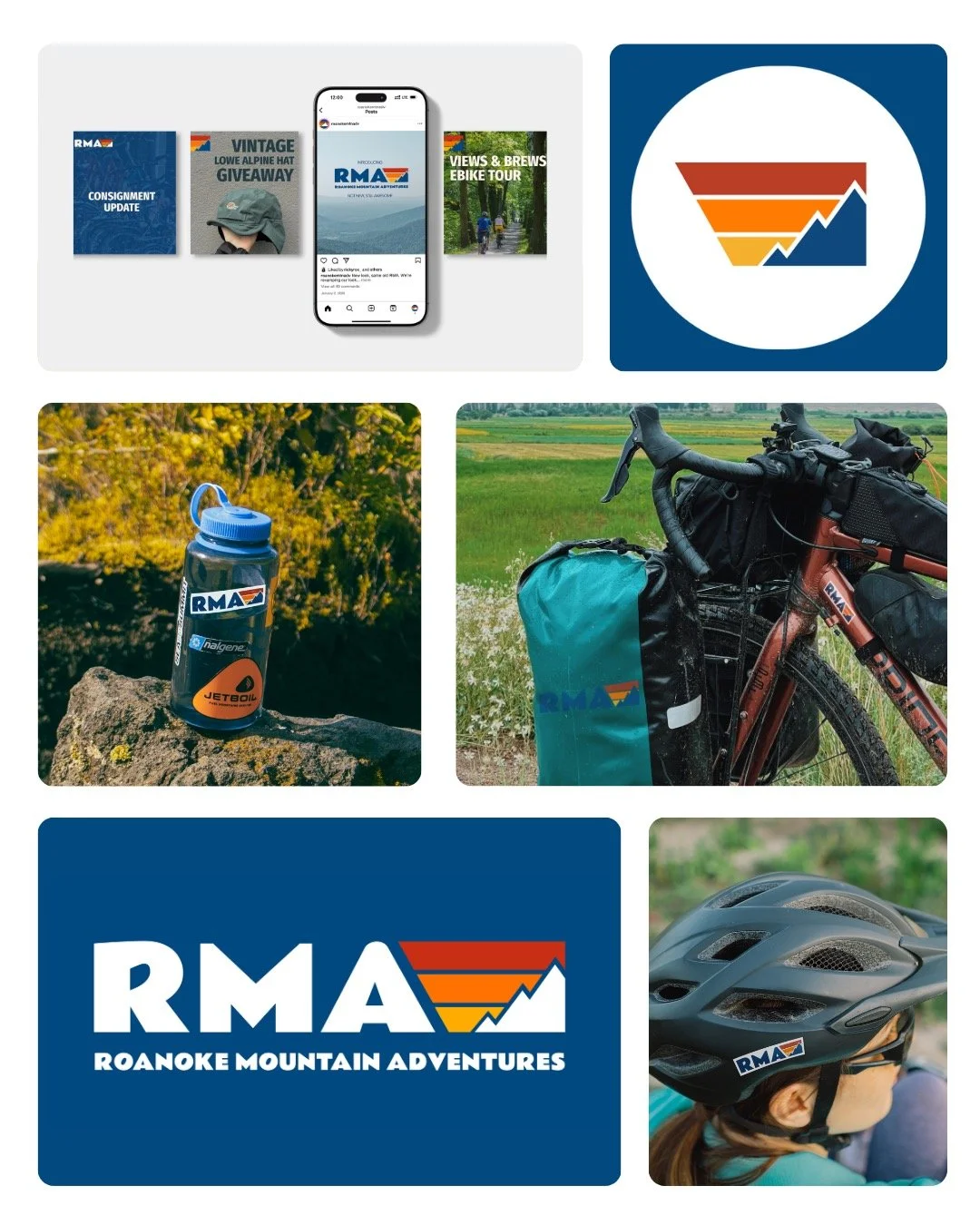 RMA: Community Trail Hub 🚴&zwj;♀️

This concept positions RMA as the connective thread of the outdoor community, where movement, gear, and people intersect.

The identity system leans into contrast and clarity:
- A bold alpine blue foundation ground