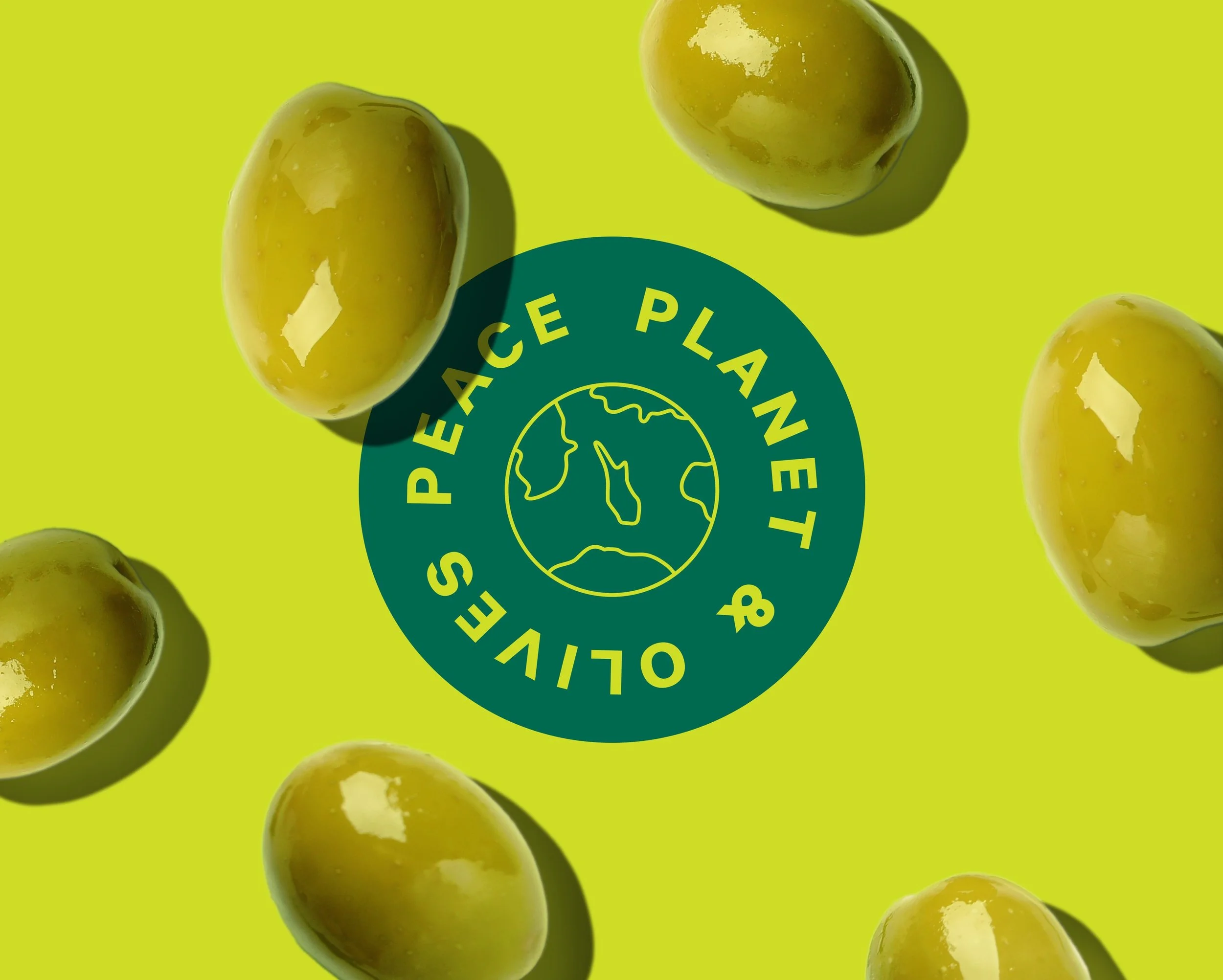 Green olives surrounding a circular logo with the text 'Peace, Planet & Olives' and an outline of a globe on a bright green background.