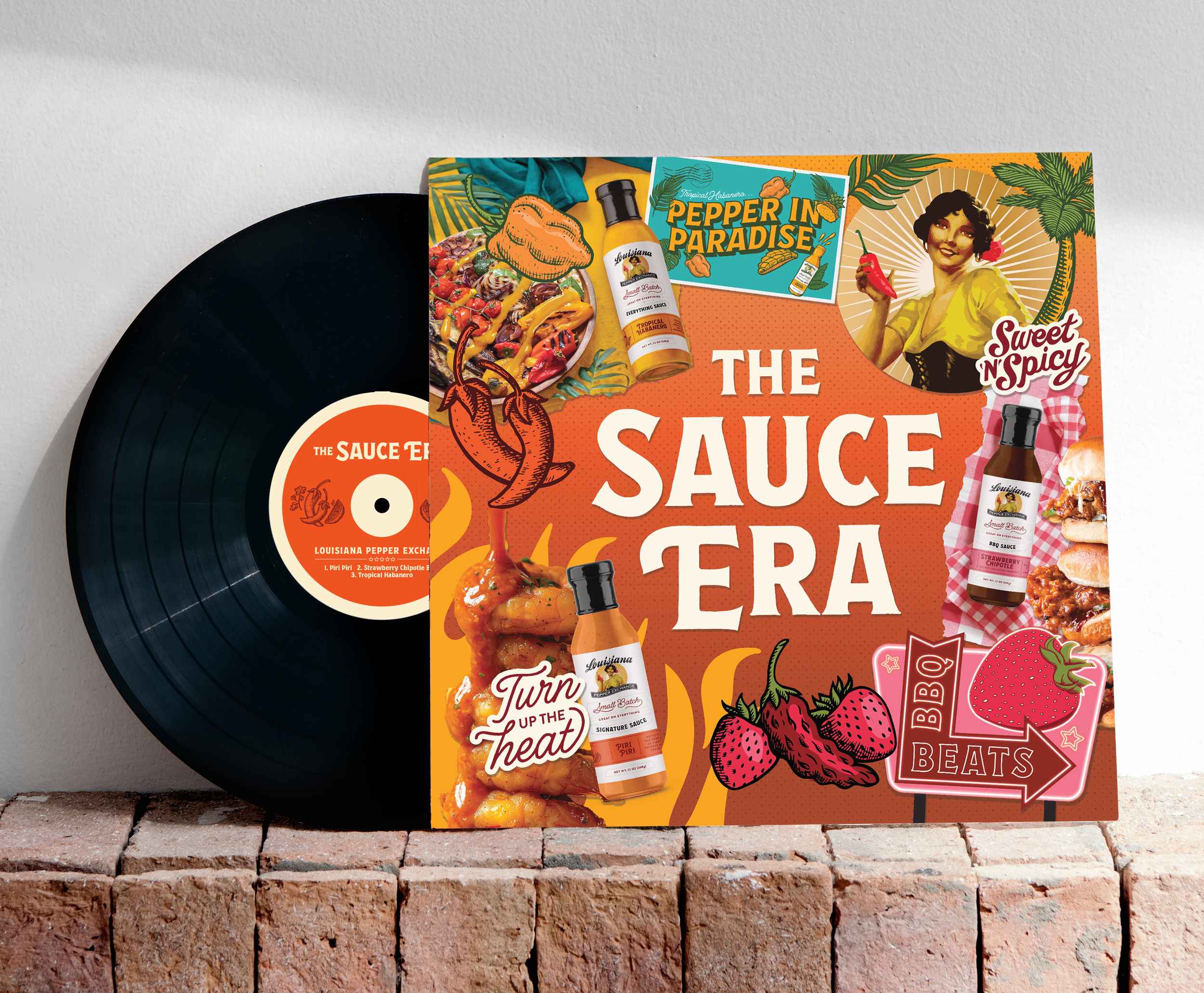 Vinyl record and cover titled 'The Sauce Era' featuring vibrant illustrations of sauces, food, and retro imagery. Text includes phrases like 'Pepper in Paradise' and 'Turn up the heat.'