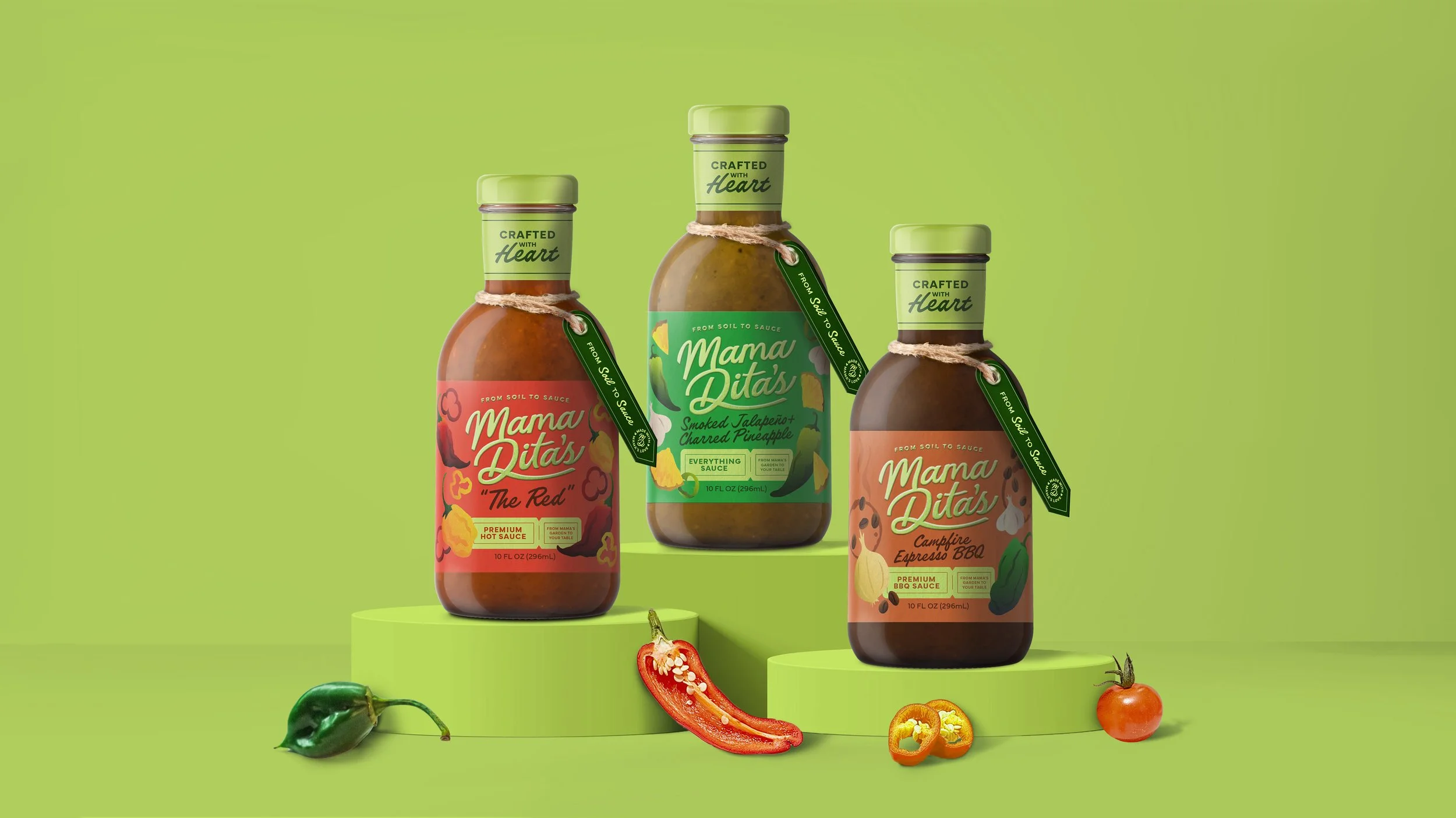 Three bottles of "Mama Dita's" sauces displayed on green platforms, surrounded by peppers and a tomato, with a light green background.