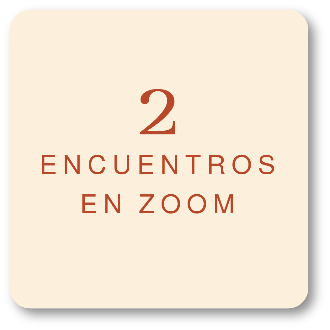 Graphic with beige background and brown text that reads '2 ENCUENTROS EN ZOOM'.