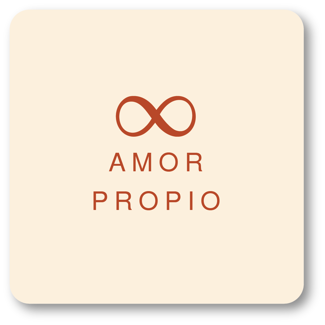 Logo with a minimalist infinity symbol above the words 'Amor Propio' in uppercase letters, in a brownish color on a beige background.