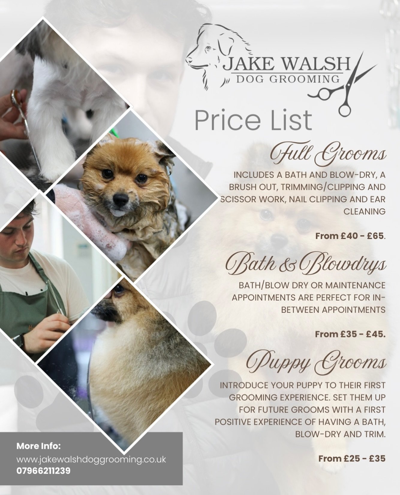 Contact:
To Call: 
07966211239
To Email: 
Jakewalshgrooming@outlook.com
To directly Book:
https://jakewalshdoggrooming.as.me

Or to visit my website:
www.jakewalshdoggrooming.co.uk

The salon &lsquo;Muttley Crue Ltd&rsquo;
based in Kidderminster!
Fol