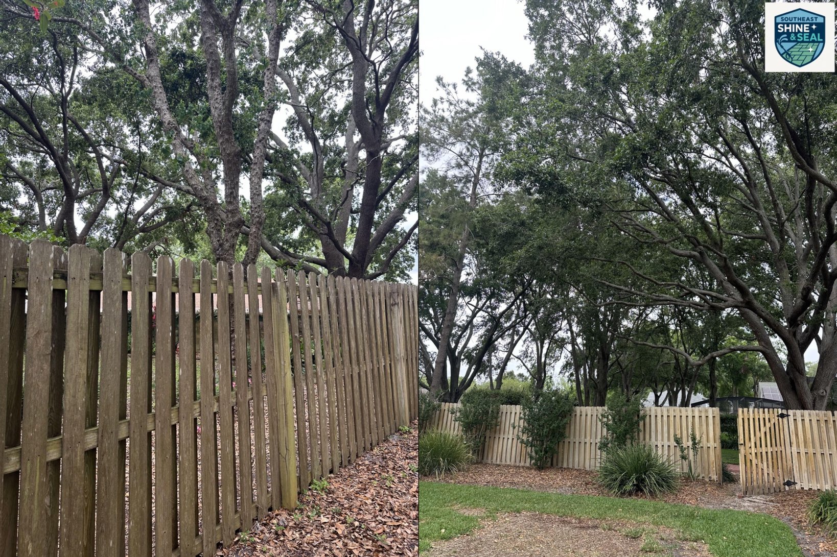 Side-by-side comparison of a wooden fence before and after treatment. The left side shows an weathered, grayish fence with leaves on the ground; the right side shows a renewed, lighter-colored fence with a clean yard and trees.