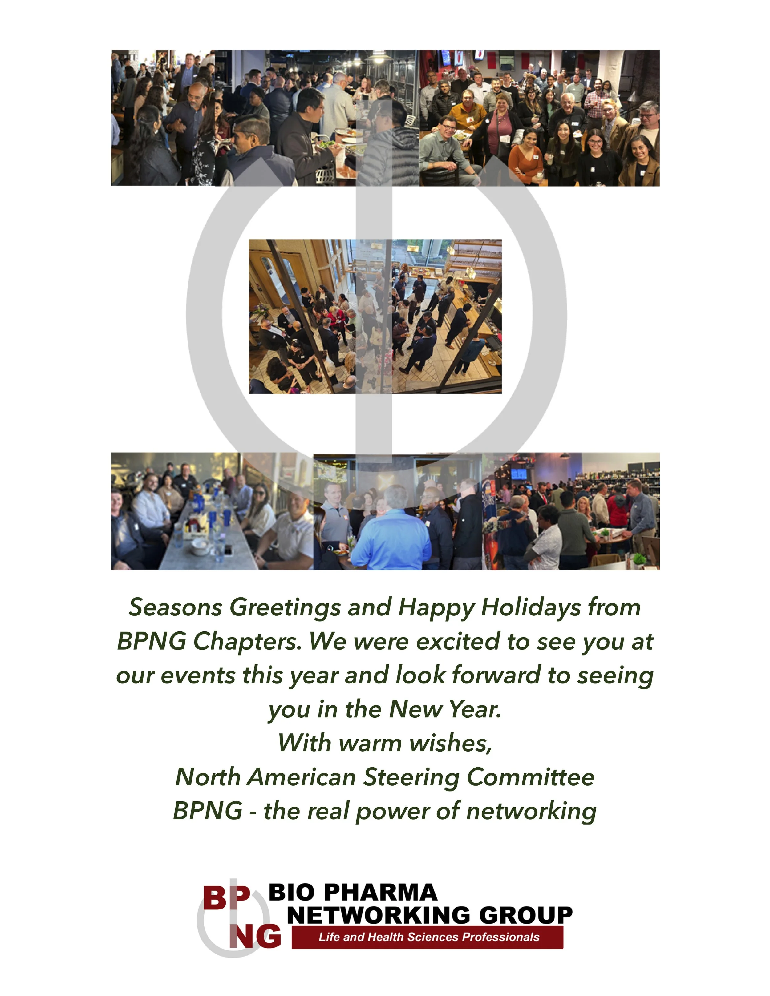 A collage of four photos showing people at social and networking events, with text wishing holiday greetings from BPNG chapters, and a logo for BIO PHARMA NETWORKING GROUP at the bottom.
