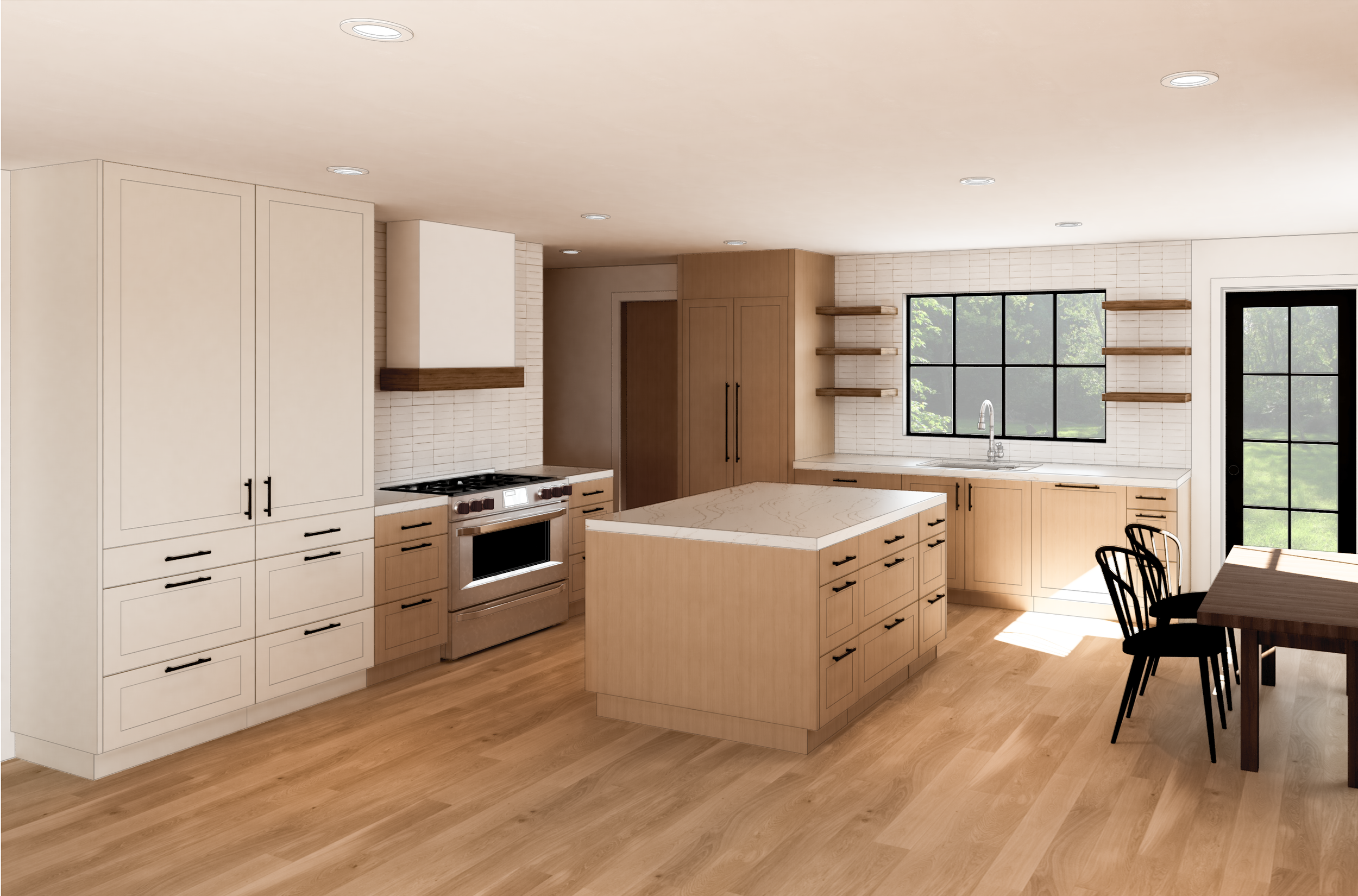Interior render of an open-concept kitchen with two-tone cabinetry in cream and natural oak, stone countertops, open shelving, black window frames, and wide-plank hardwood floors.
