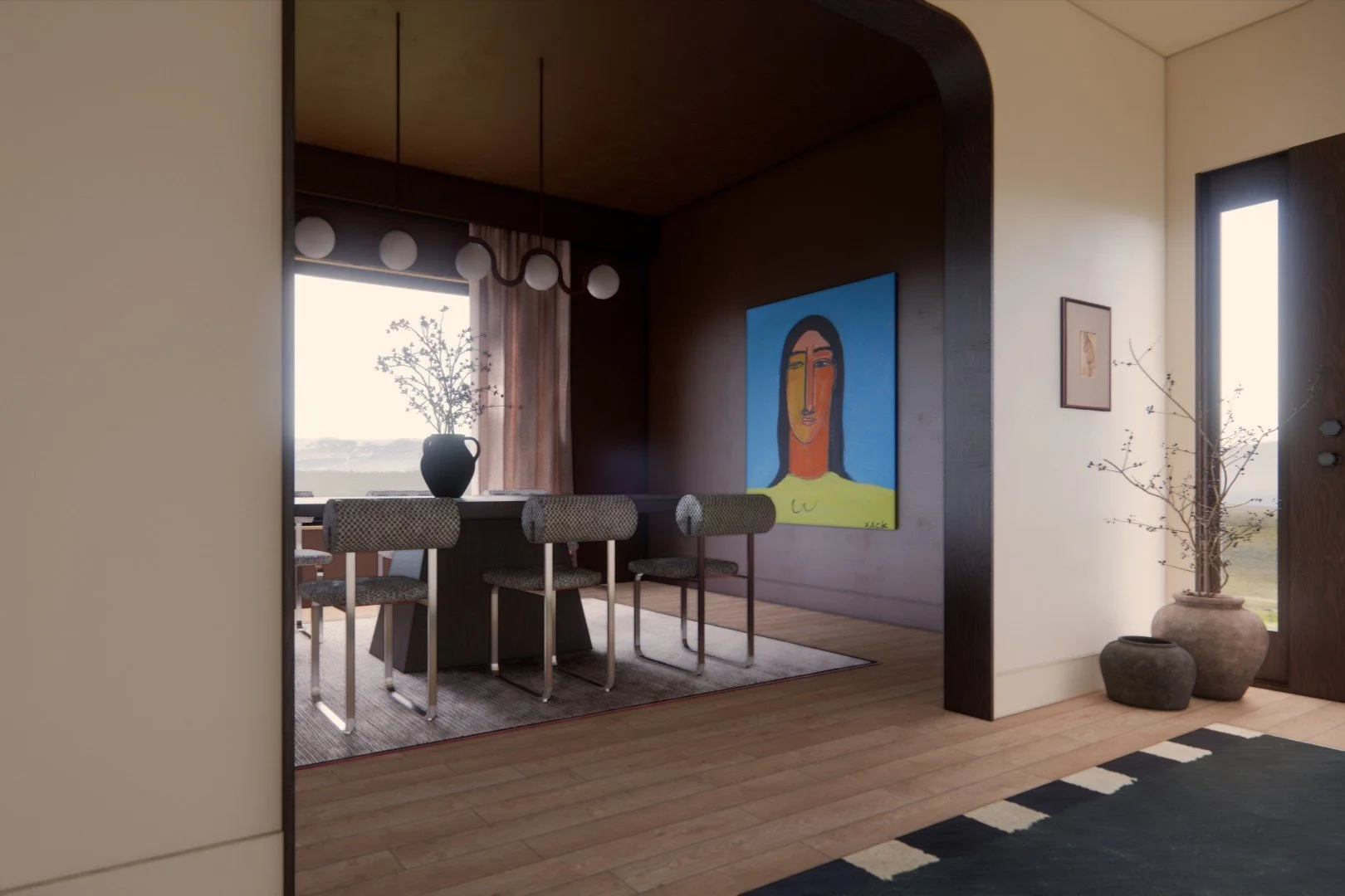 No. 1 Dining Room Interior render of a dining room with dark wood paneling, an arched threshold, upholstered chairs with metal legs, and a large figurative portrait painting on the wall.