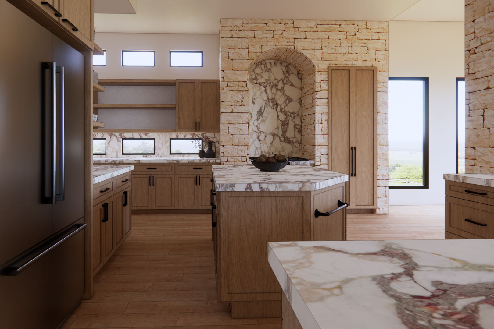 Texas kitchen renovation featuring solid oak cabinetry, Calacatta Viola marble countertops and backsplash, stainless steel appliances, and a limestone arch detail. Warm, layered materials in a rustic modern space