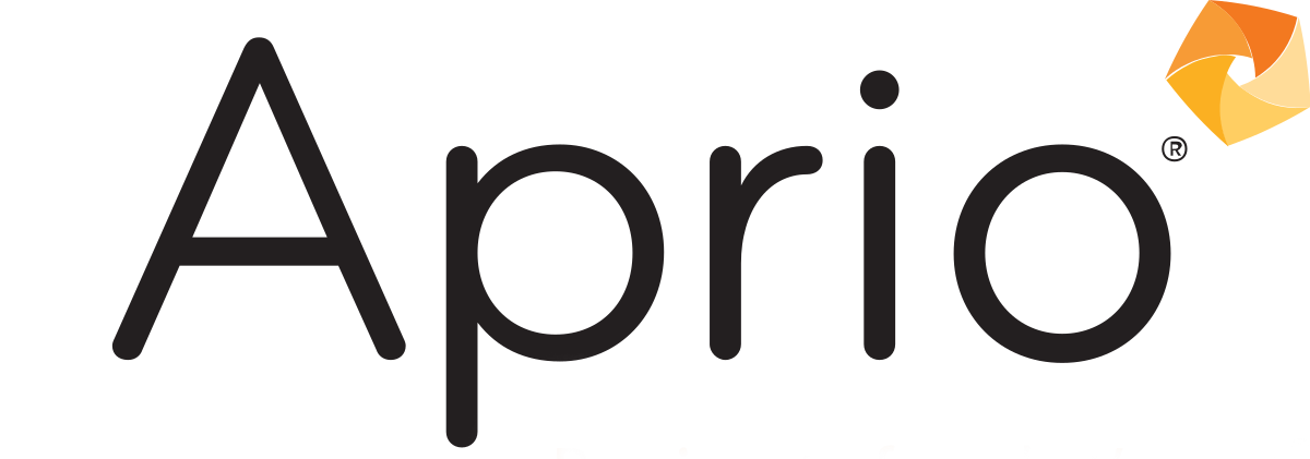 The image features the logo and brand name 'Aprio' with a colorful, geometric swirl icon in the top right corner.