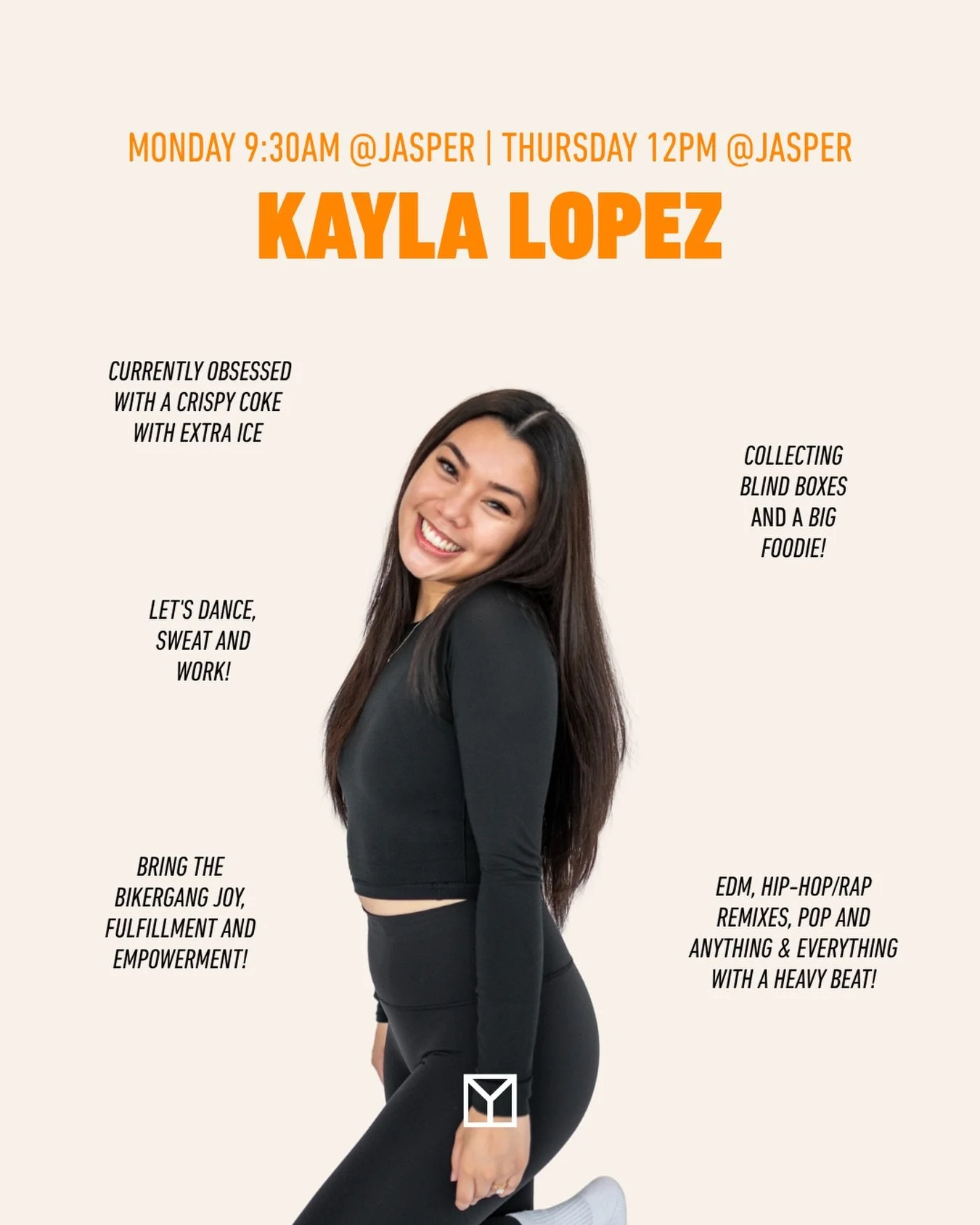 Meet Kayla Lopez 🧡🚲@kaylayannahlpz #NewMotivator⁠
⁠
&ldquo;Fun, high energy, and intentional, where every rider has the opportunity to get whatever they need walking into the room. With one heart as bikergang, let&rsquo;s dance, sweat and WORK!&rdq