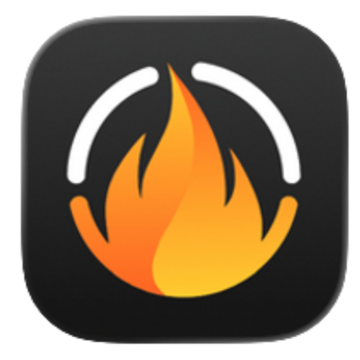 Icon of a flame with white curved lines above and below, on a black background.