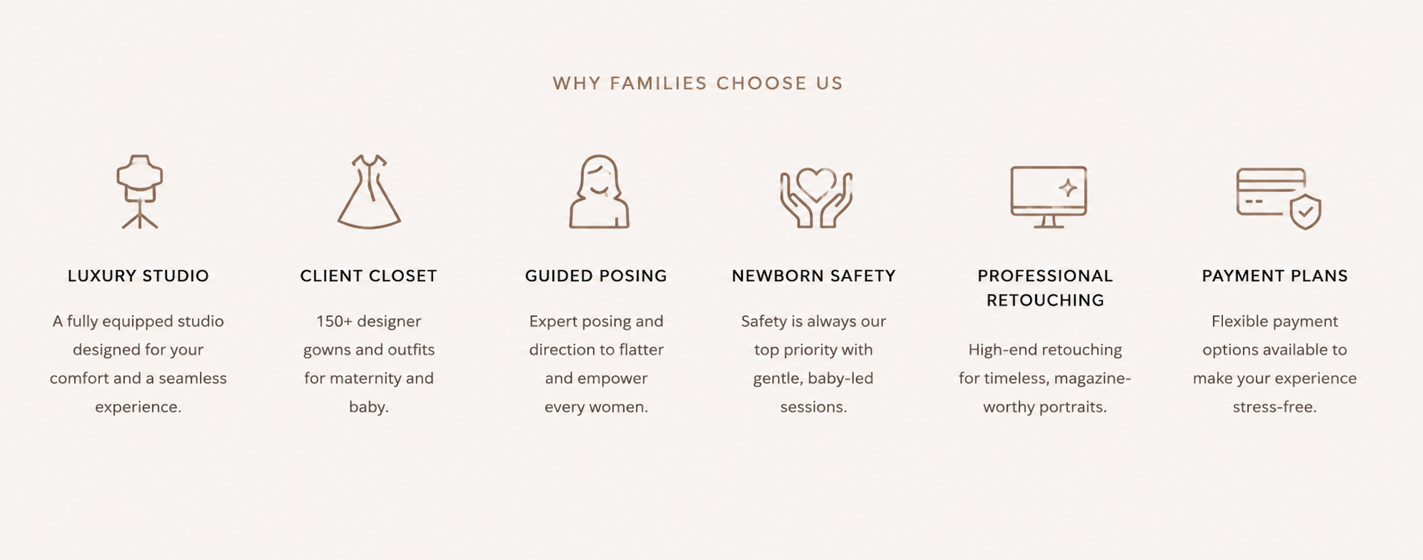 A webpage titled "Why Families Choose Us" displaying icons and descriptions for services including luxury studio, client closet, guided posing, newborn safety, professional retouching, and payment plans.