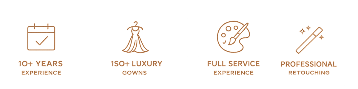 Icons with text highlighting experience and services: a calendar with check mark and '10+ Years Experience', a gown with '150+ Luxury Gowns', an artist's palette with 'Full Service Experience', and a makeup brush with 'Professional Retouching'.
