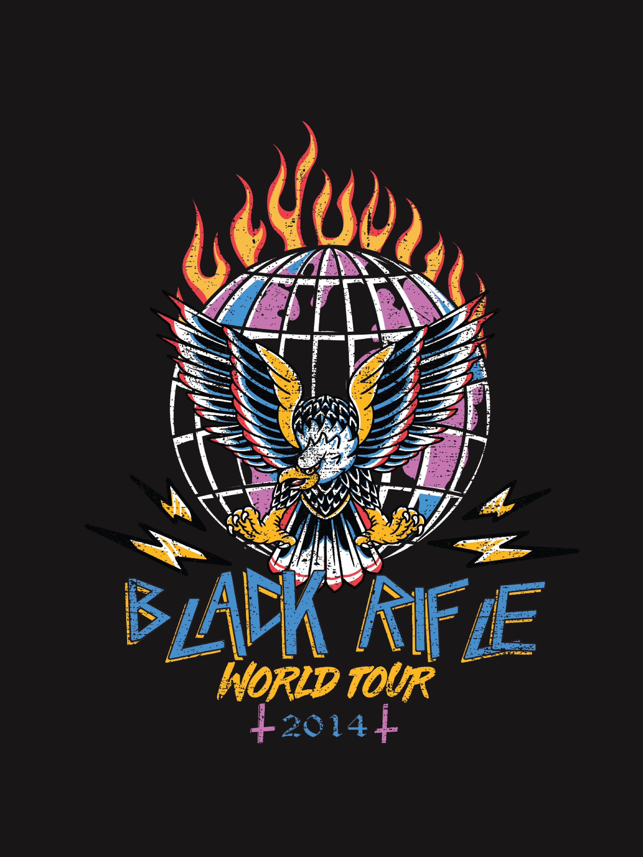 Graphic design for Back Aife World Tour 2014 featuring an eagle with outstretched wings, an American flag on its body, a globe in the background, flames above, and lightning bolts on the sides.