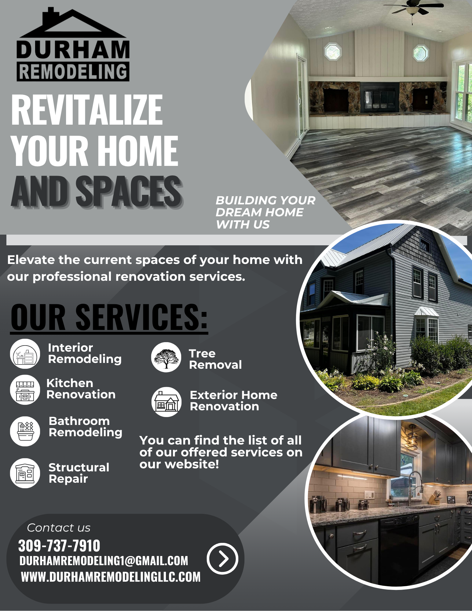Flyer for Durham Remodeling featuring images of living room, house exterior, and kitchen with text about remodeling services and contact information.