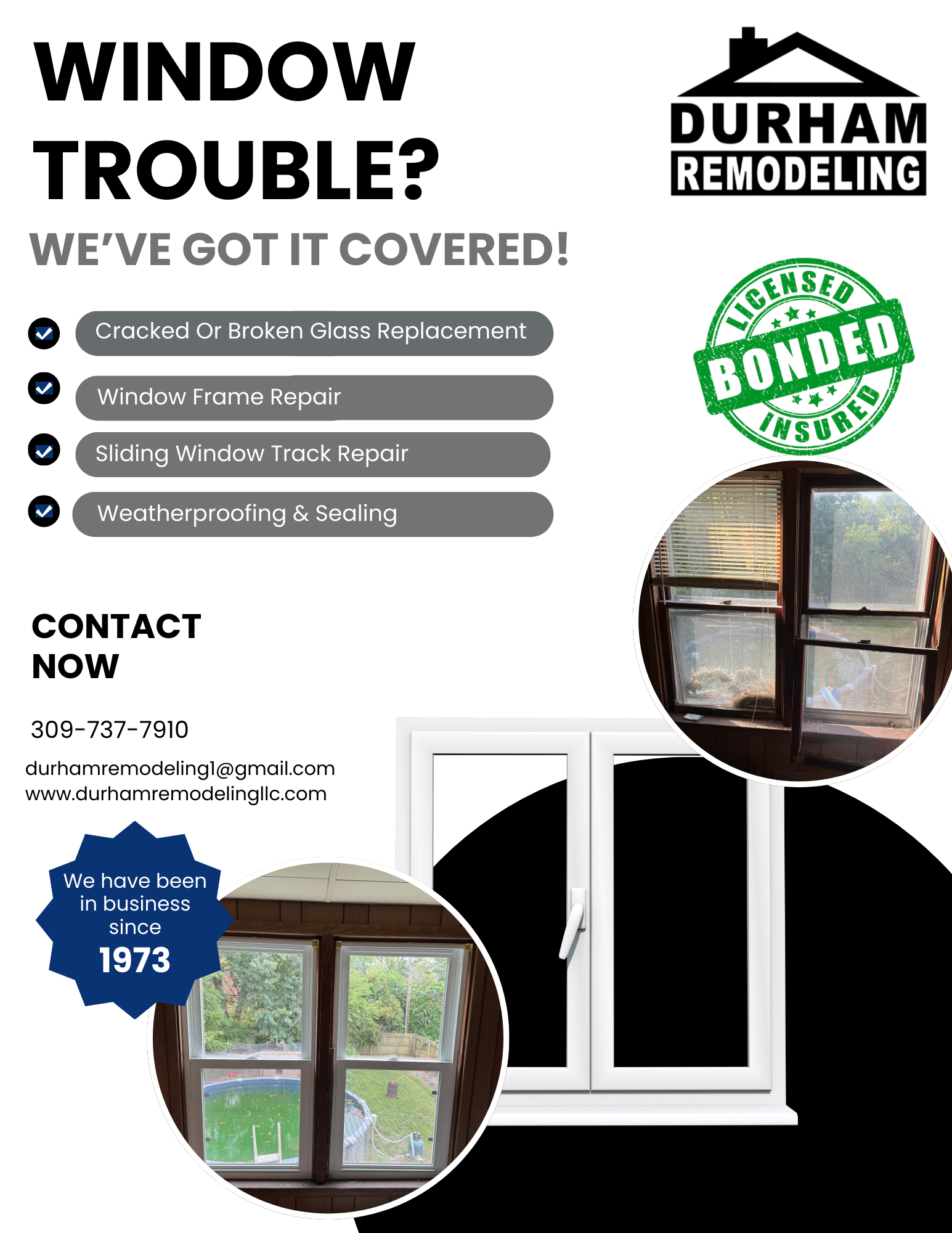 Flyer for Durham Remodeling advertising window repair services with pictures of windows, contact information, and a green 'Bonded and Insured' stamp.