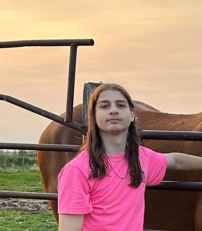 Young person with long brown hair wearing a pink shirt standing next to a brown horse behind metal fencing during sunset.