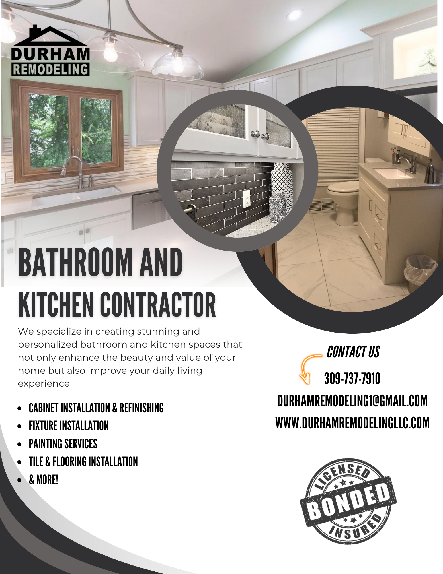 Flyer for Durham Remodeling showcasing bathroom and kitchen renovation services, featuring images of a kitchen with white cabinets and countertops adjacent to a bathroom with a toilet and vanity. Contains contact info, services offered, and a 'Licens
