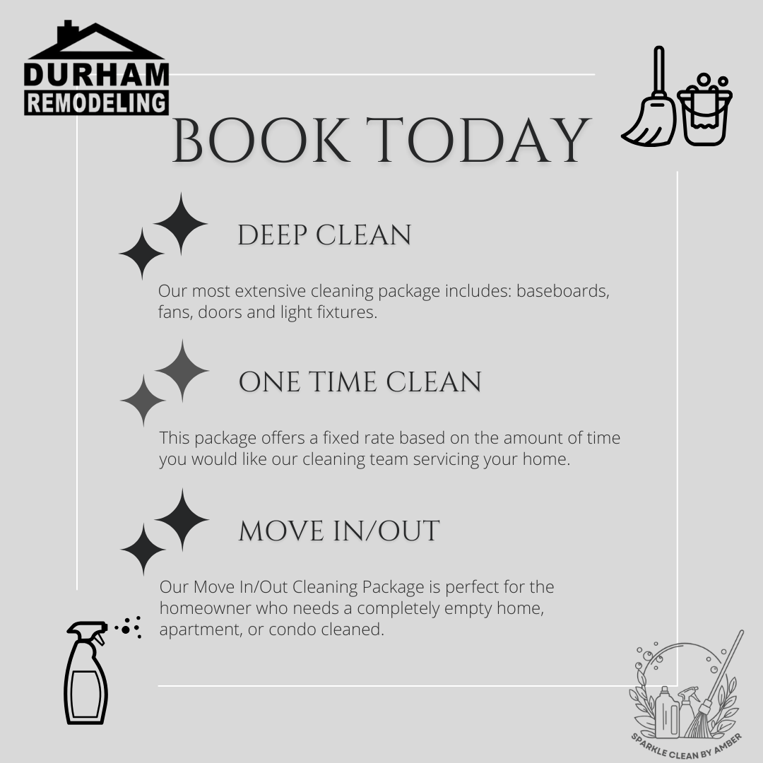 An advertisement for Durham Remodeling promoting cleaning services. It offers deep cleaning, one-time cleaning, and move-in/move-out cleaning packages. The ad features icons of cleaning supplies, a house logo, and decorative sparkle graphics.