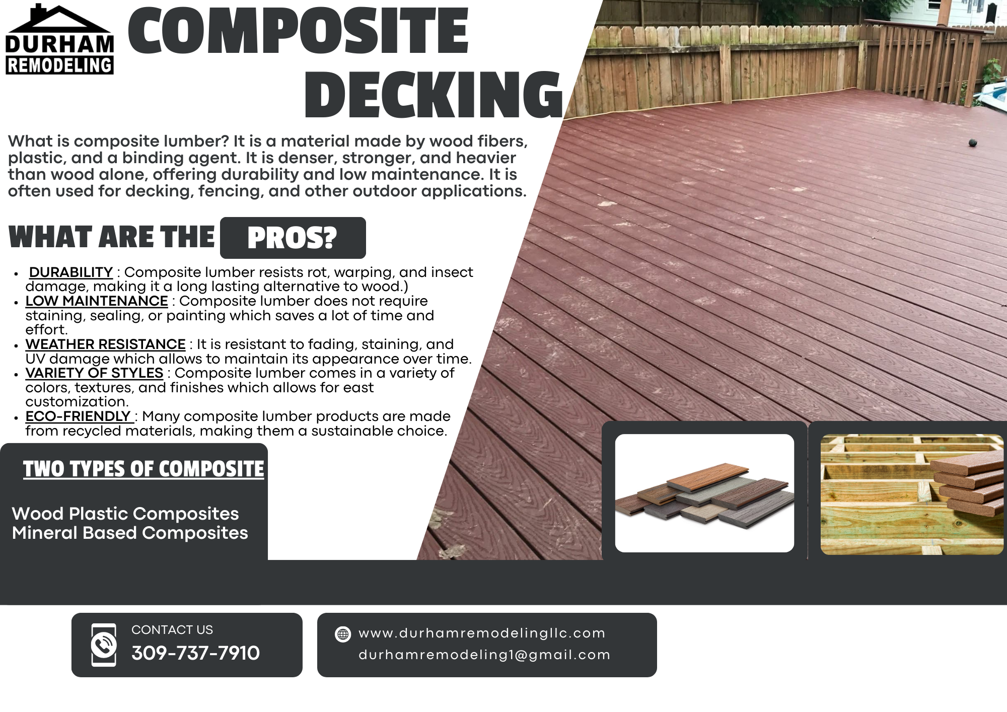 A deck made of composite lumber, painted reddish-brown, with a wooden fence surrounding it. The image also includes smaller pictures of different composite decking options and wood plastic composites, along with contact information for Durham Remodel
