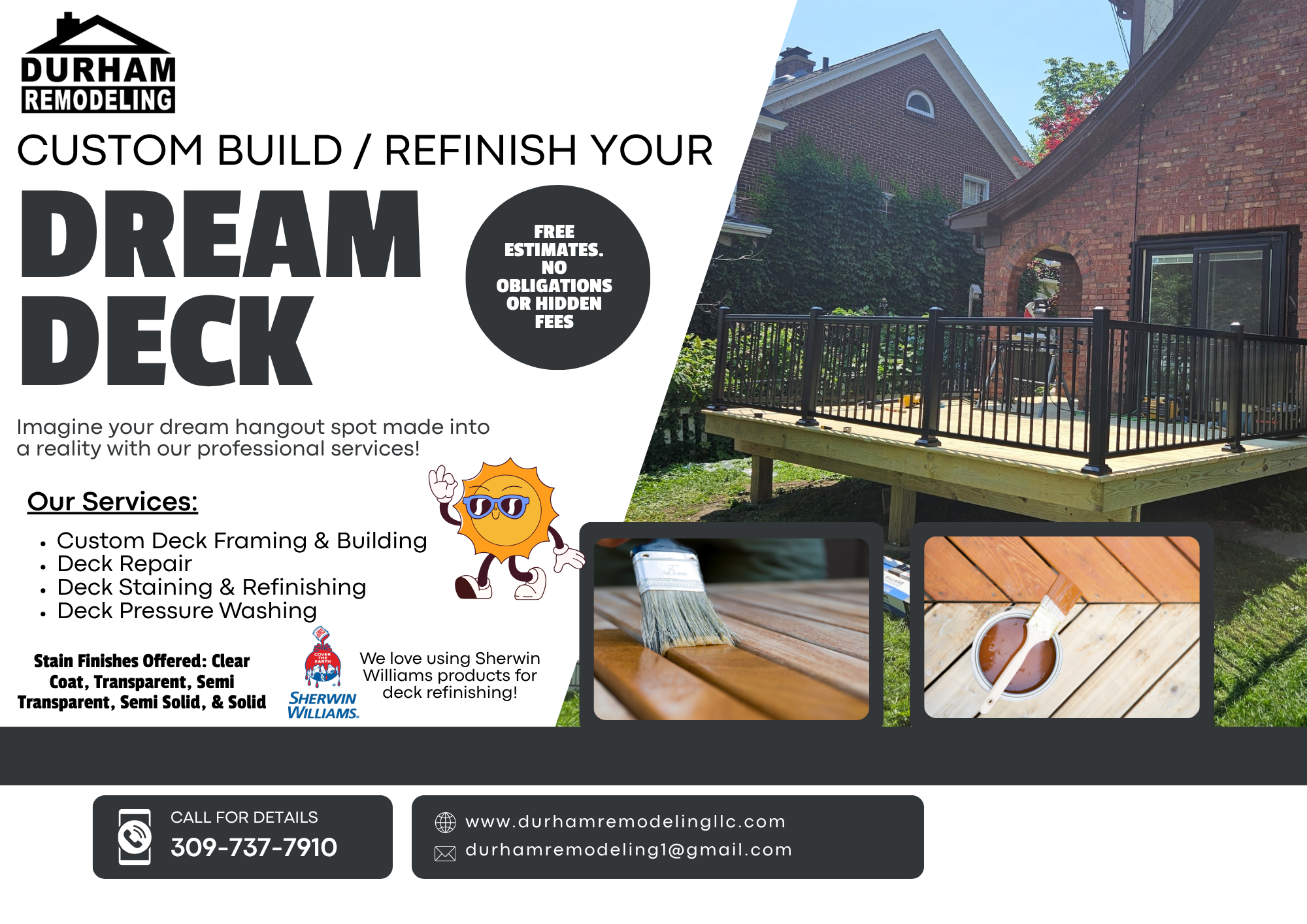 Advertisement for Durham Remodeling, promoting custom build and refinish services for decks. Features a photo of a completed wooden deck attached to a brick house, with images of deck staining and sealing tools, and contact information.