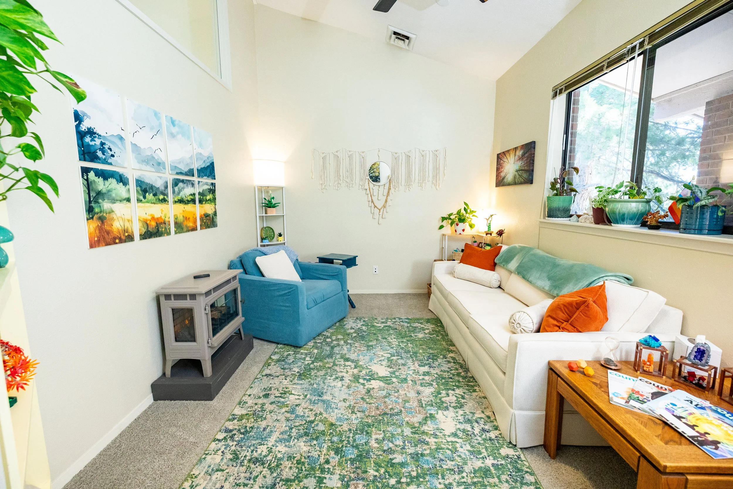 A cozy living room with two sofas, one white and one blue, decorated with pillows. There is a green patterned rug on the carpeted floor. The wall has art and a macrame wall hanging. A large window has several potted plants on the sill, and natural light illuminates the room. A small side table is on the right, and a TV stand with a fireplace insert is on the left.