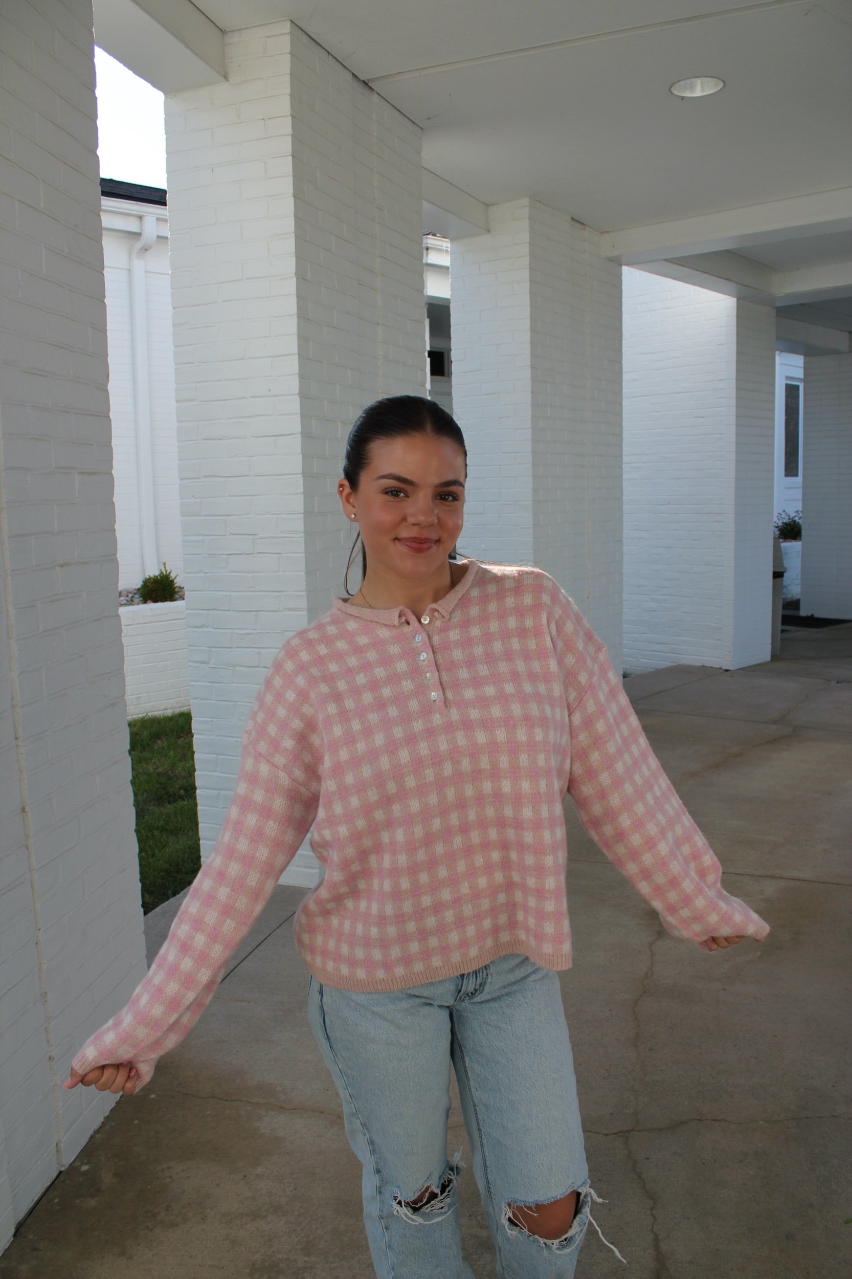 Gingham Half Button Top