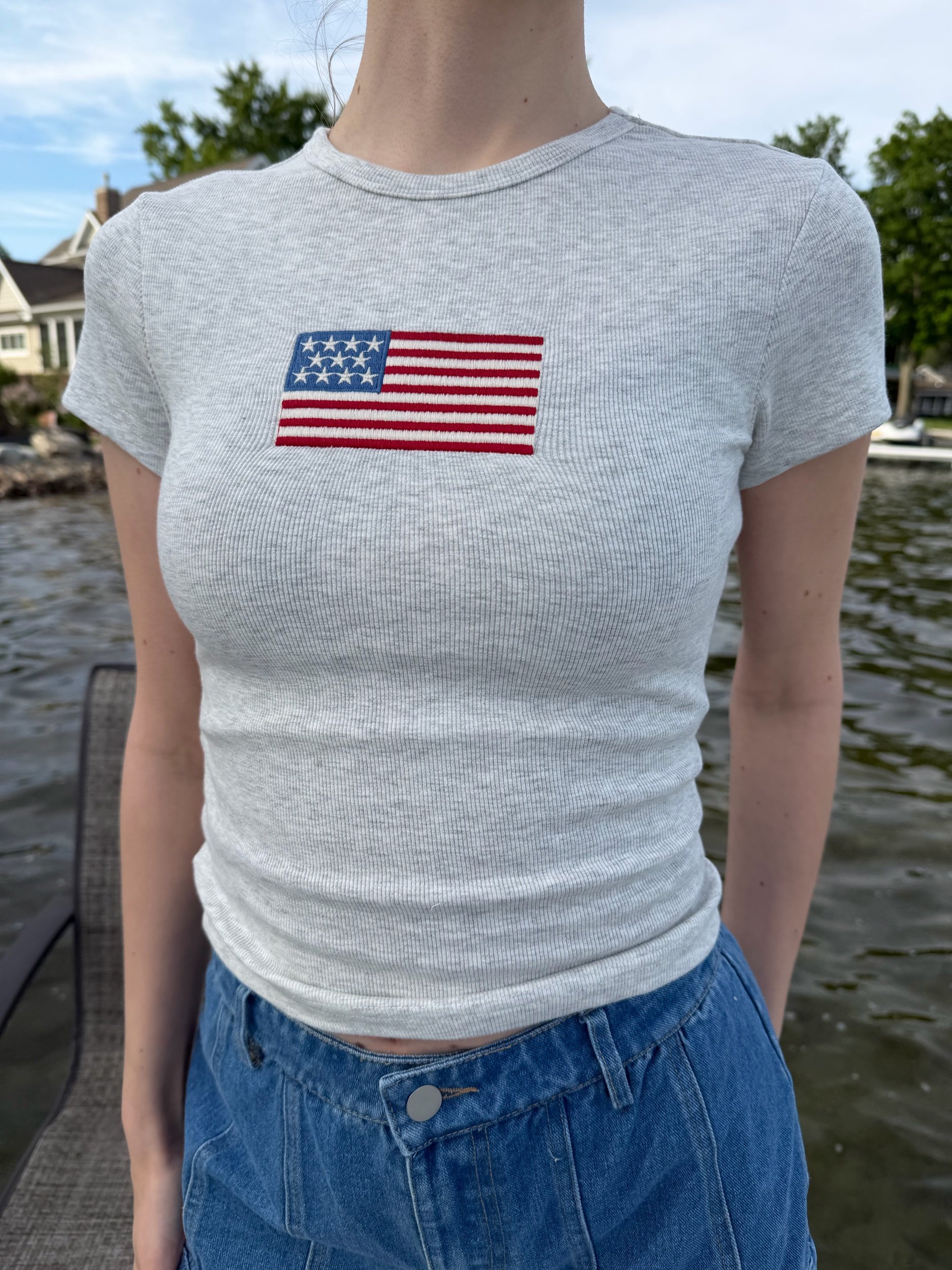 Gray American Flag Baby Tee
