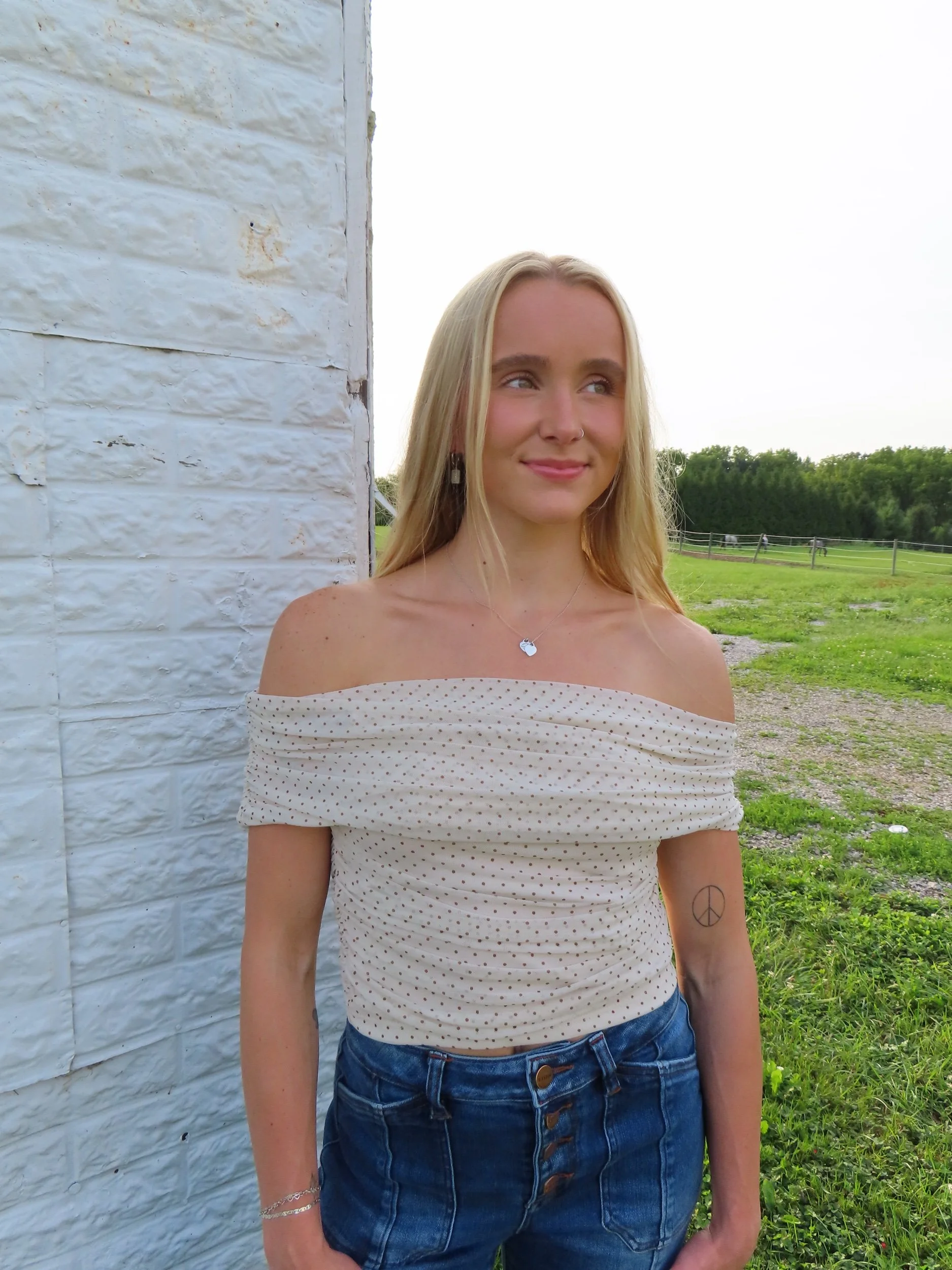 Polka Dot Mesh Shoulder Top