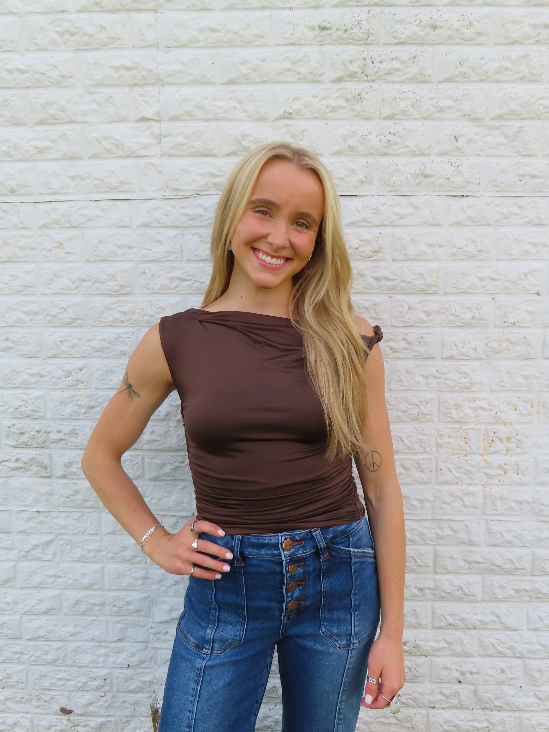 Brown Off Shoulder Twist Top