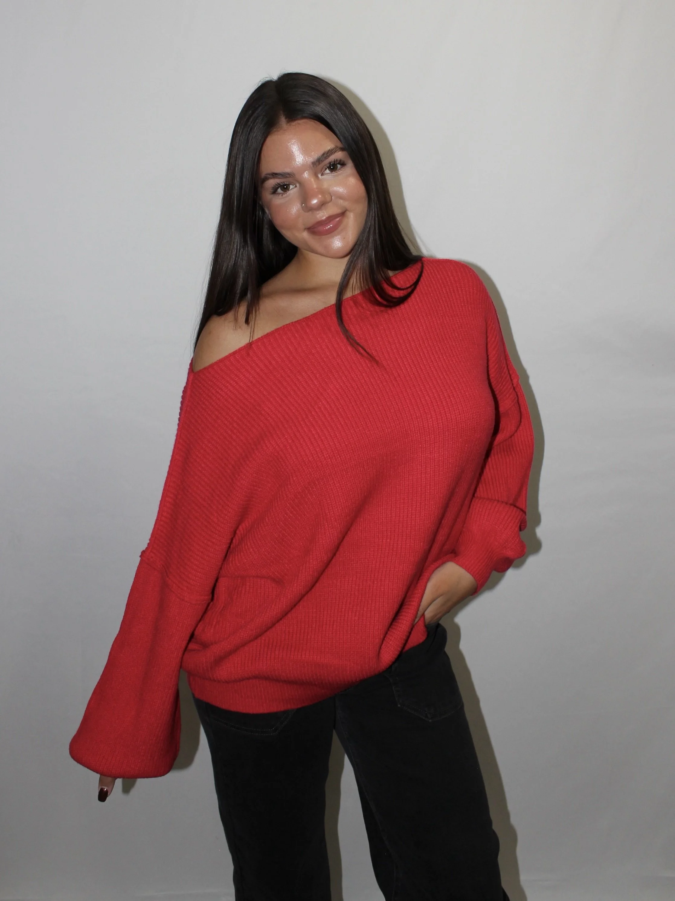 Red Bubble Sleeve Sweater
