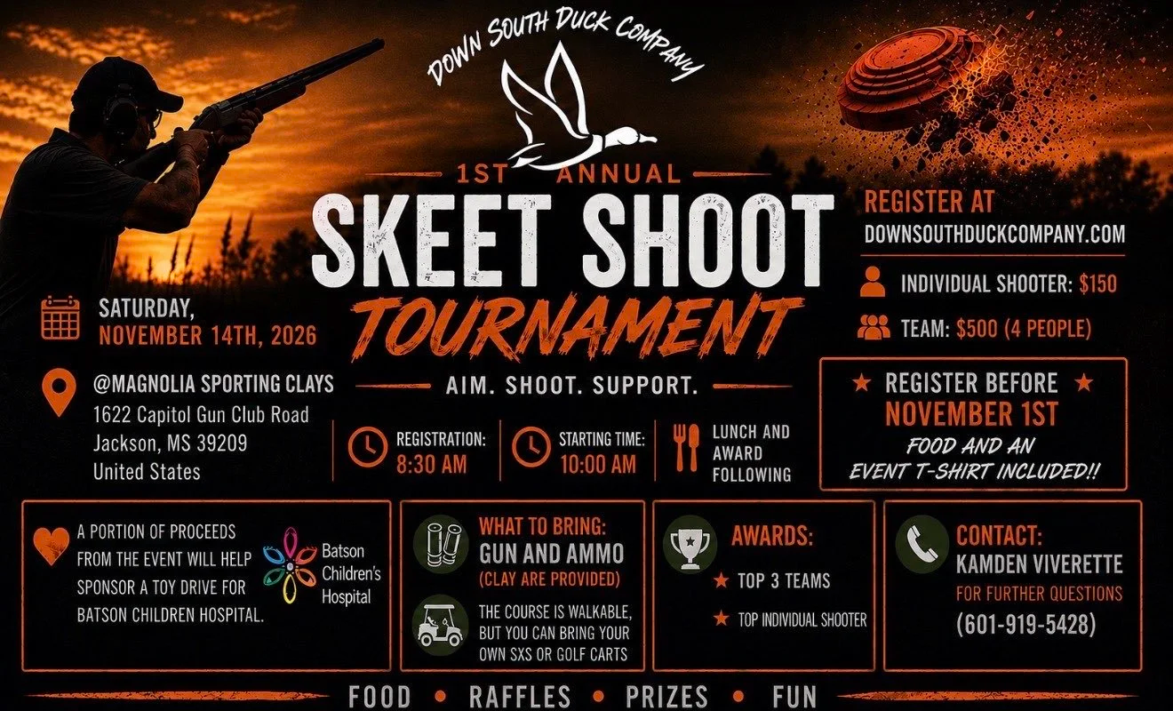 Event poster for the 1st annual Skeet Shoot Tournament organized by Down South Duck Company. The event features a target shooting competition scheduled for Saturday, November 14, 2026, at Magnolia Sporting Clays in Jackson, Mississippi. Registration is at 8:30 AM, with shooting starting at 10:00 AM, followed by lunch and awards. Participants are advised to bring their own guns and ammo; clay is provided. The event supports Batson Children's Hospital, with food and a T-shirt included for registrants before November 1st. The registration fee is $150 for individuals and $500 for teams of four. For questions, contact Kamden Viverette at 601-919-5428. The poster shows a silhouette of a person aiming a shotgun, a duck logo, and a depiction of a satellite or space debris exploding in the background.