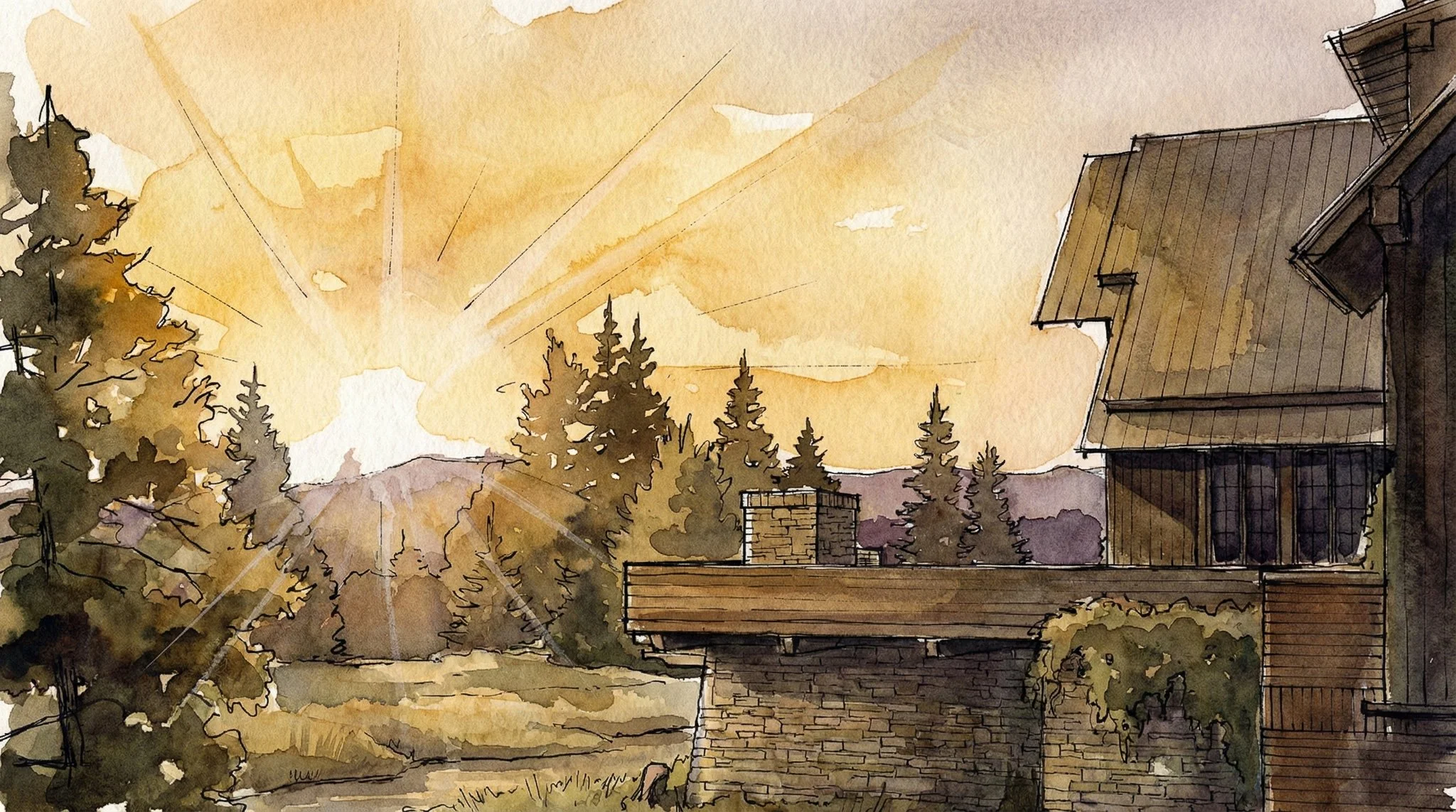 A watercolor painting of a rural scene at sunset, with the sun low on the horizon casting a warm glow. There are trees and a house with a sloped roof, a chimney, and a balcony, surrounded by natural landscape.