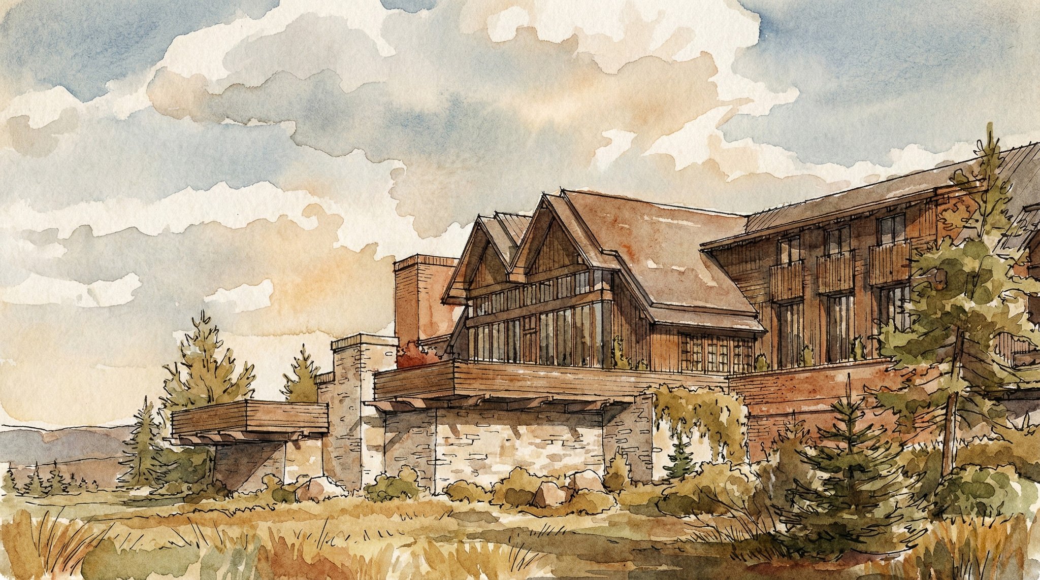 A watercolor painting of a rustic house with large windows, wooden and stone elements, surrounded by trees and a cloudy sky.
