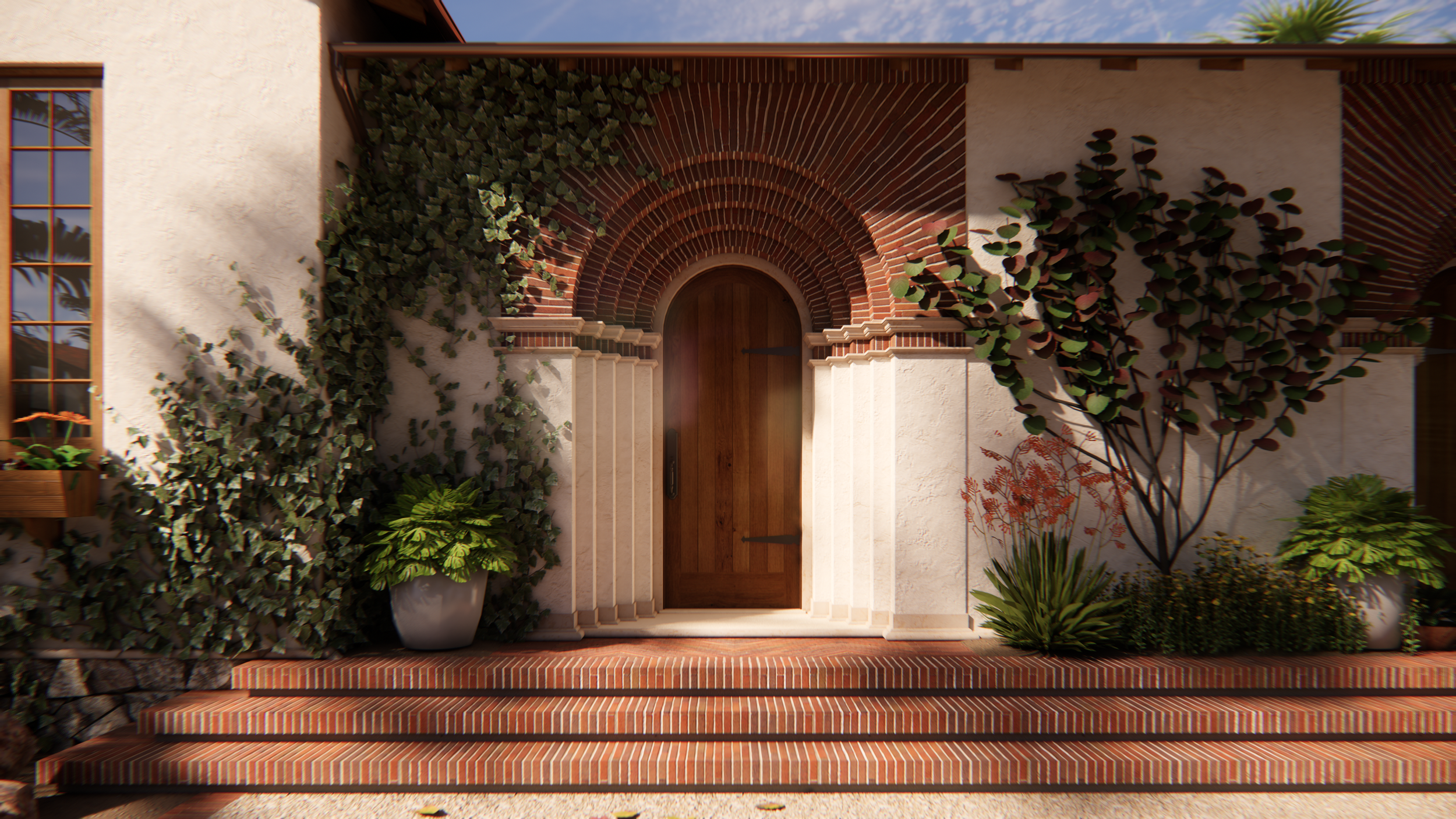Mediterranean-style entrance with wooden door, brick arch, climbing ivy, potted plants, and brick steps.