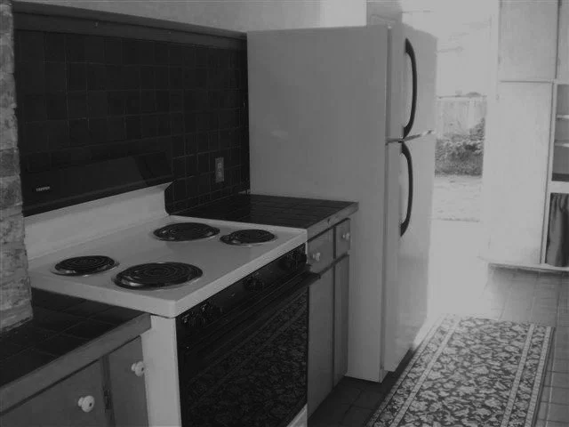Monochrome kitchen interior with stove, refrigerator, tiled counter, and rug